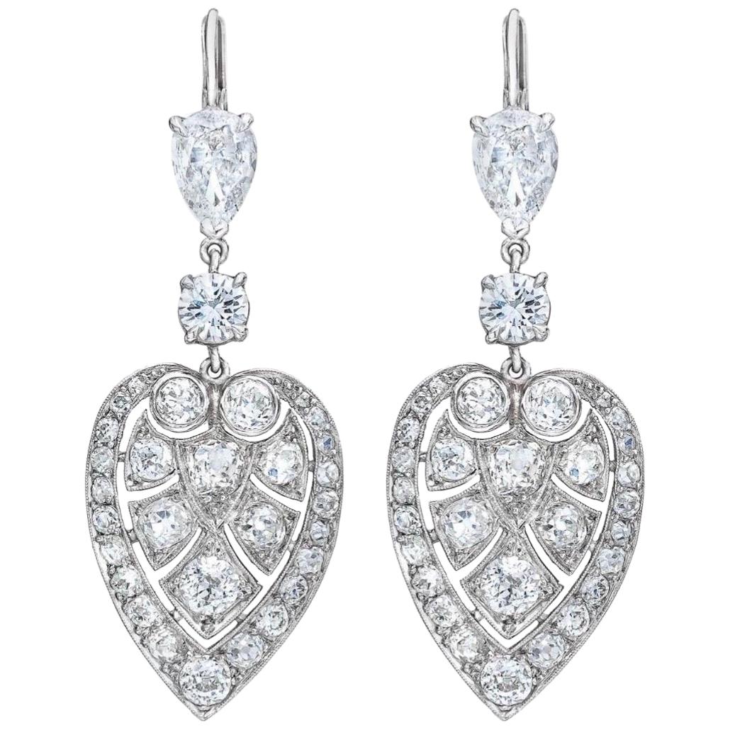 Platinum Deco Style Drop Leaf Diamond Earrings