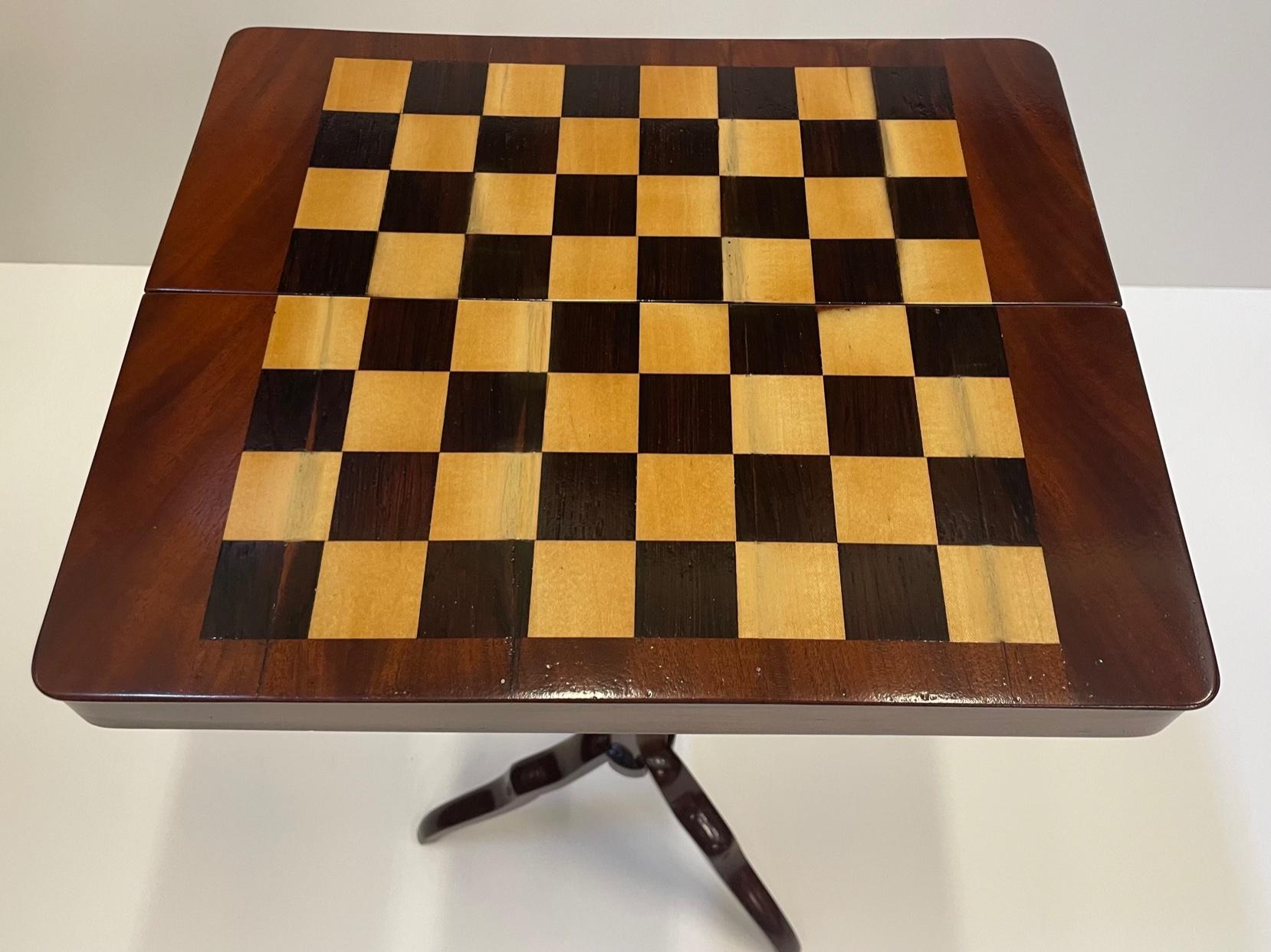 A beautiful 19th century campaign traveling chess table with gorgeous inlaid top and adjustable tripod base. The table collapses and fits in a box closed 15 W x 6.5 D x 3 H
Box open 15 W 13 D 1.5 H
stand is 21 H adjusts to 28.5
tripod base 13.5 x