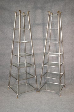 Incredible Rare Pair Pyrimidal Form Brass and Steel Maison Jansen Etageres