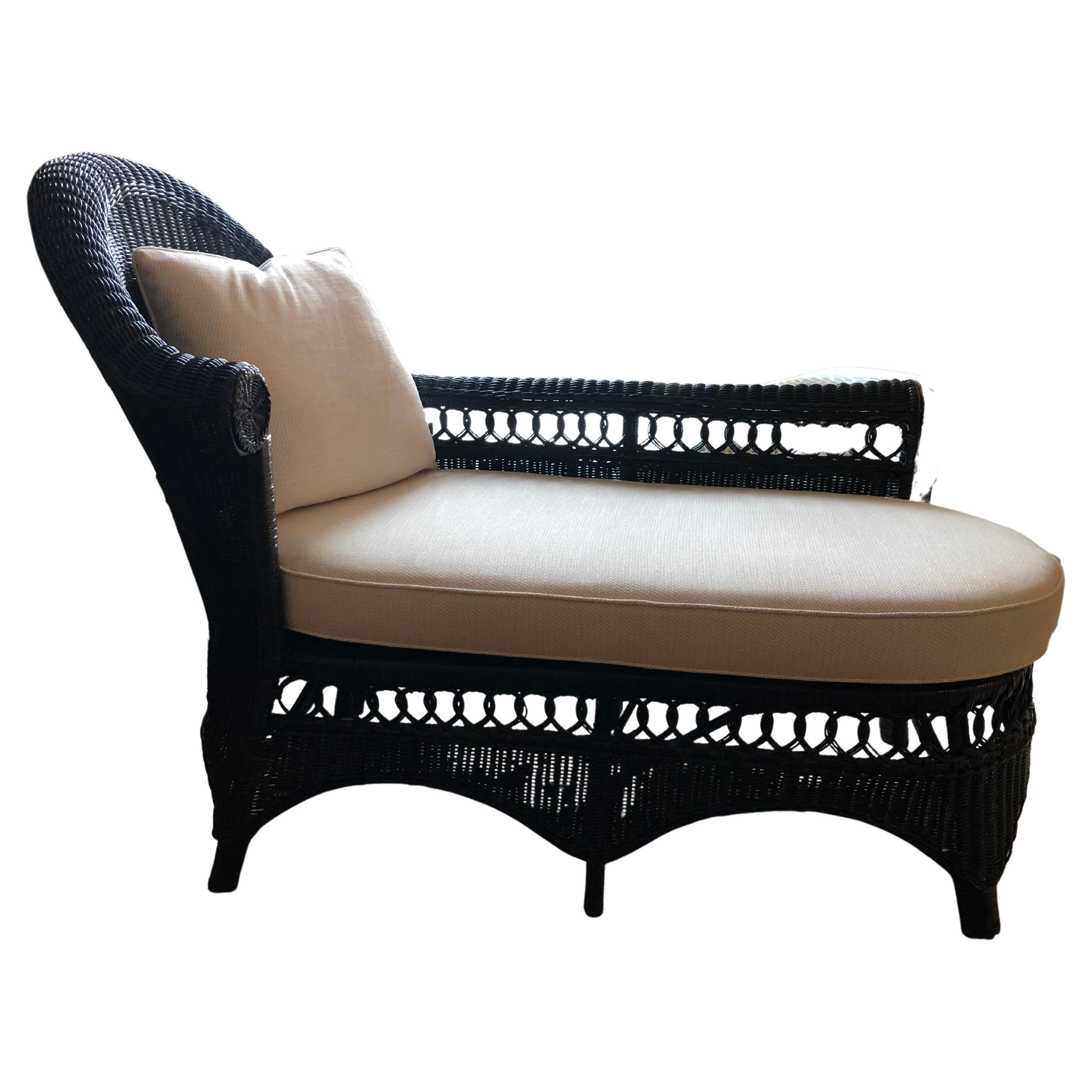 Incredible Restored Vintage Painted Wicker Chaise Longue with New Cushion For Sale