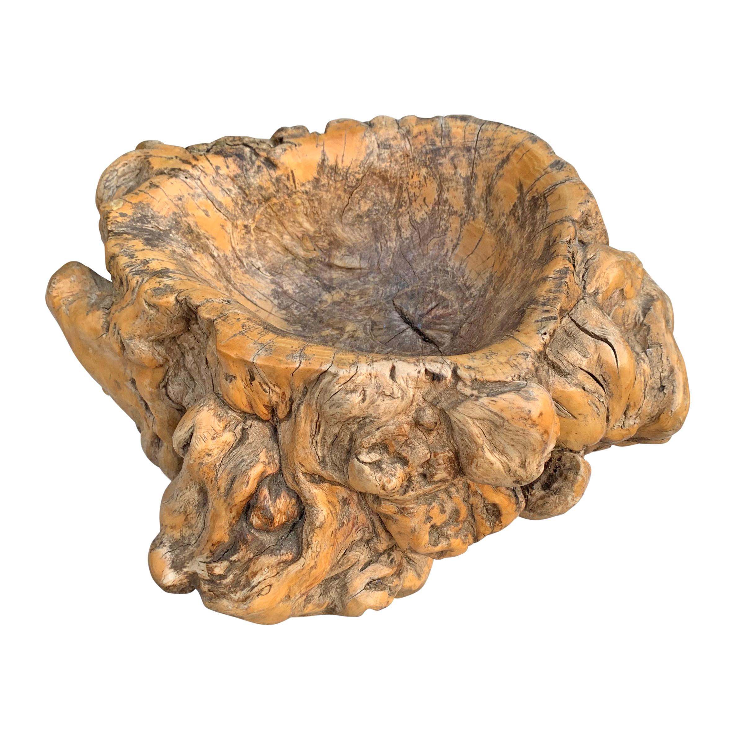 An incredible 19th century rootwood bowl carved from a single piece of knarled rootwood standing on three legs, and with natural undulating surface and a well worn patina. Perfect on its own in a modern interior, or filled with snacks at your next