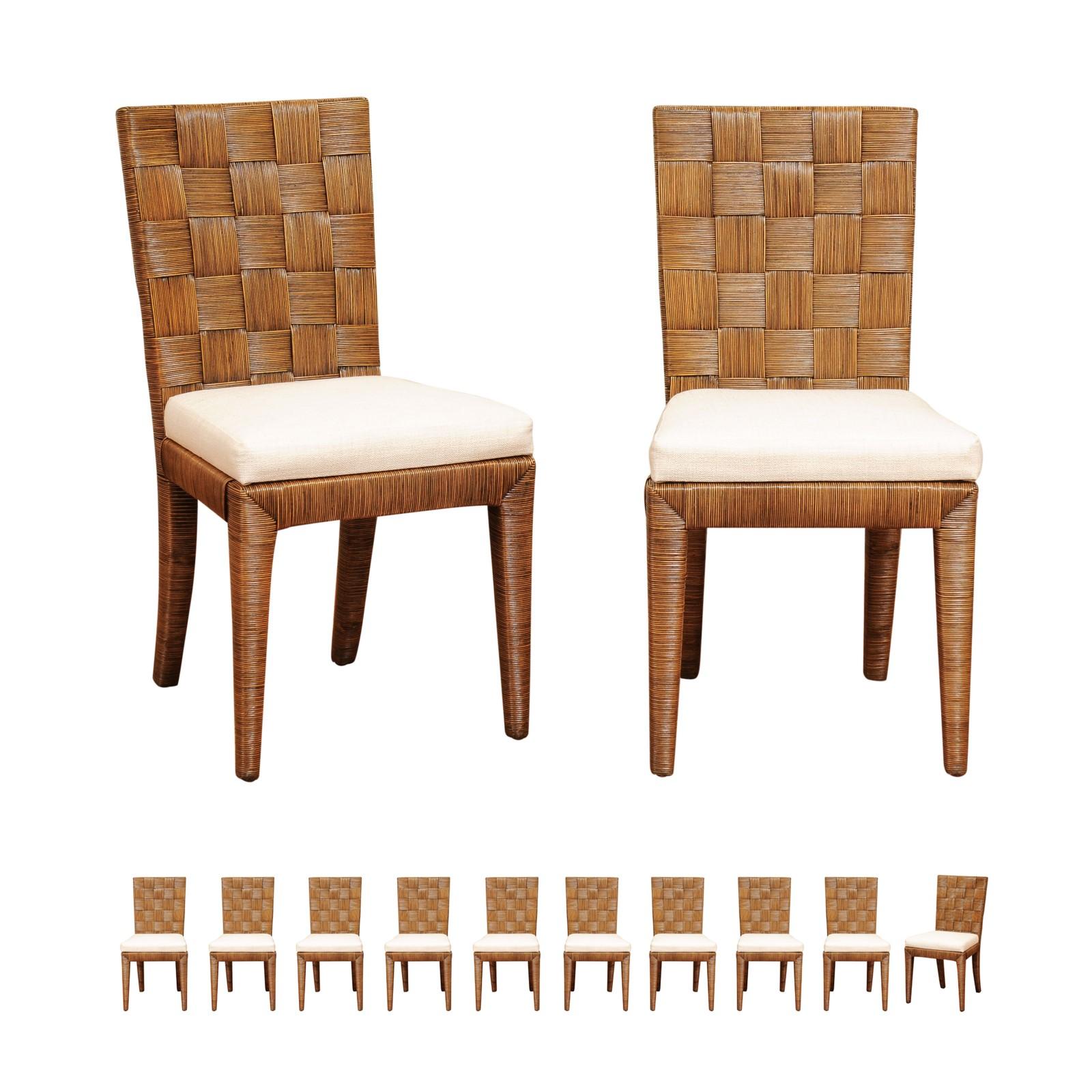 This magnificent large set of organic dining chairs is Unique on the World market. the set is shipped as professionally photographed and described in the listing narrative: Meticulously professionally restored, newly custom upholstered and