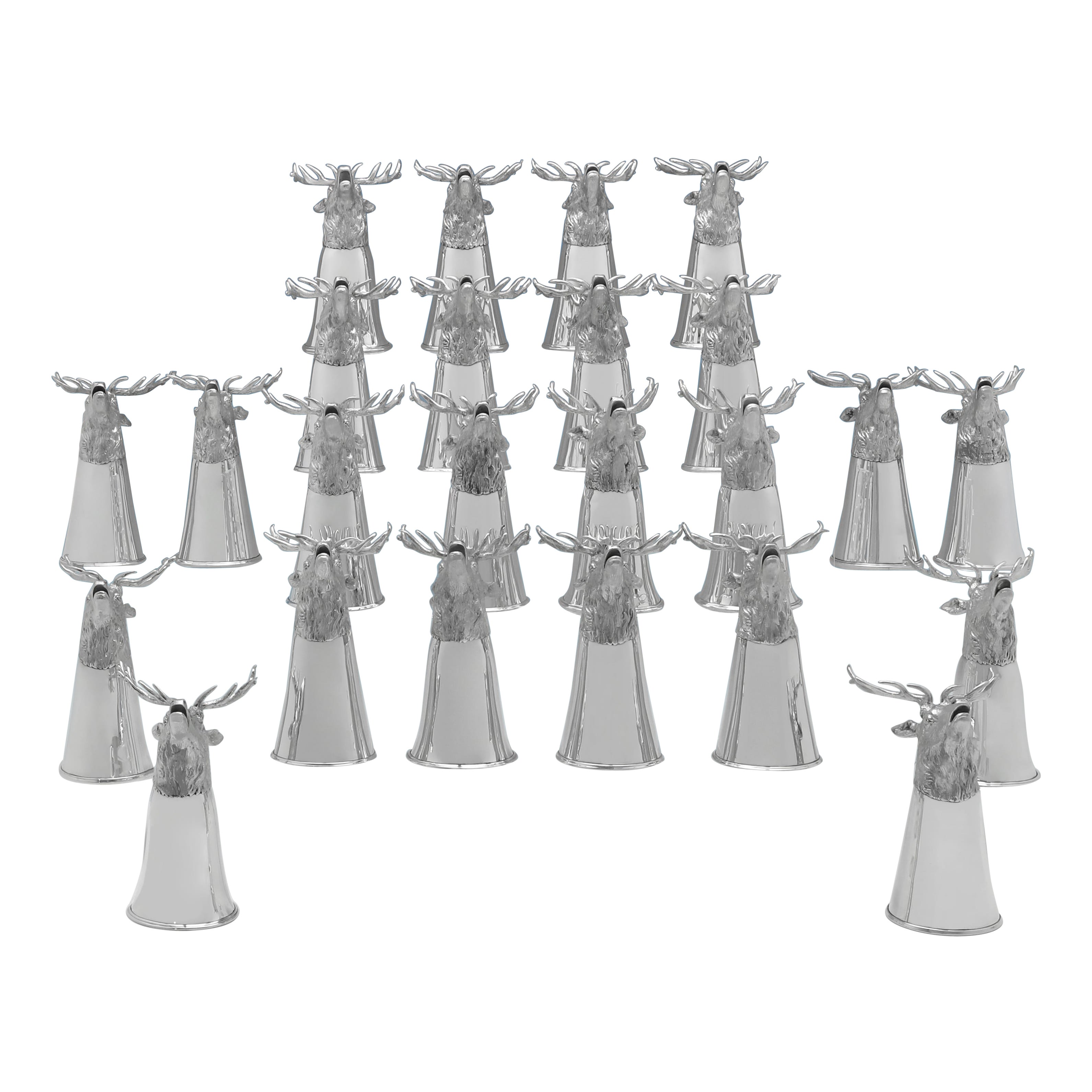 Incredible set of 24 Tiffany & Co sterling silver stags head stirrup cups