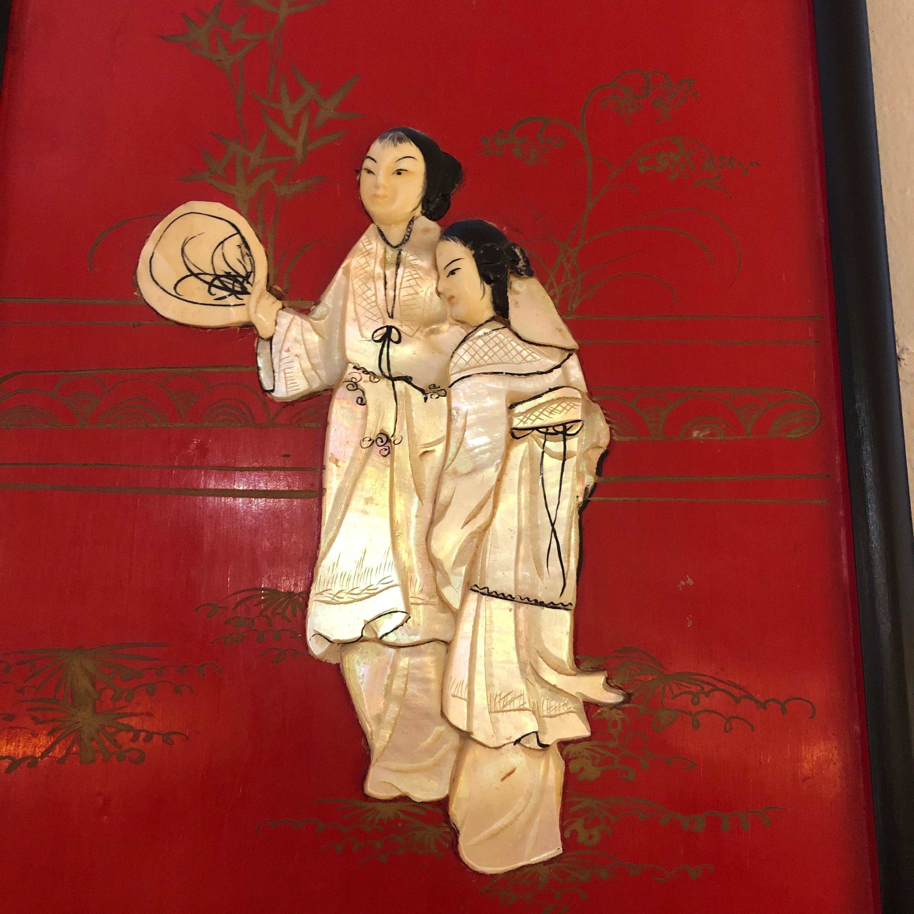 Incredible Set of 4 Red Chinoiserie Panels with Mother of Pearl Relief For Sale 5