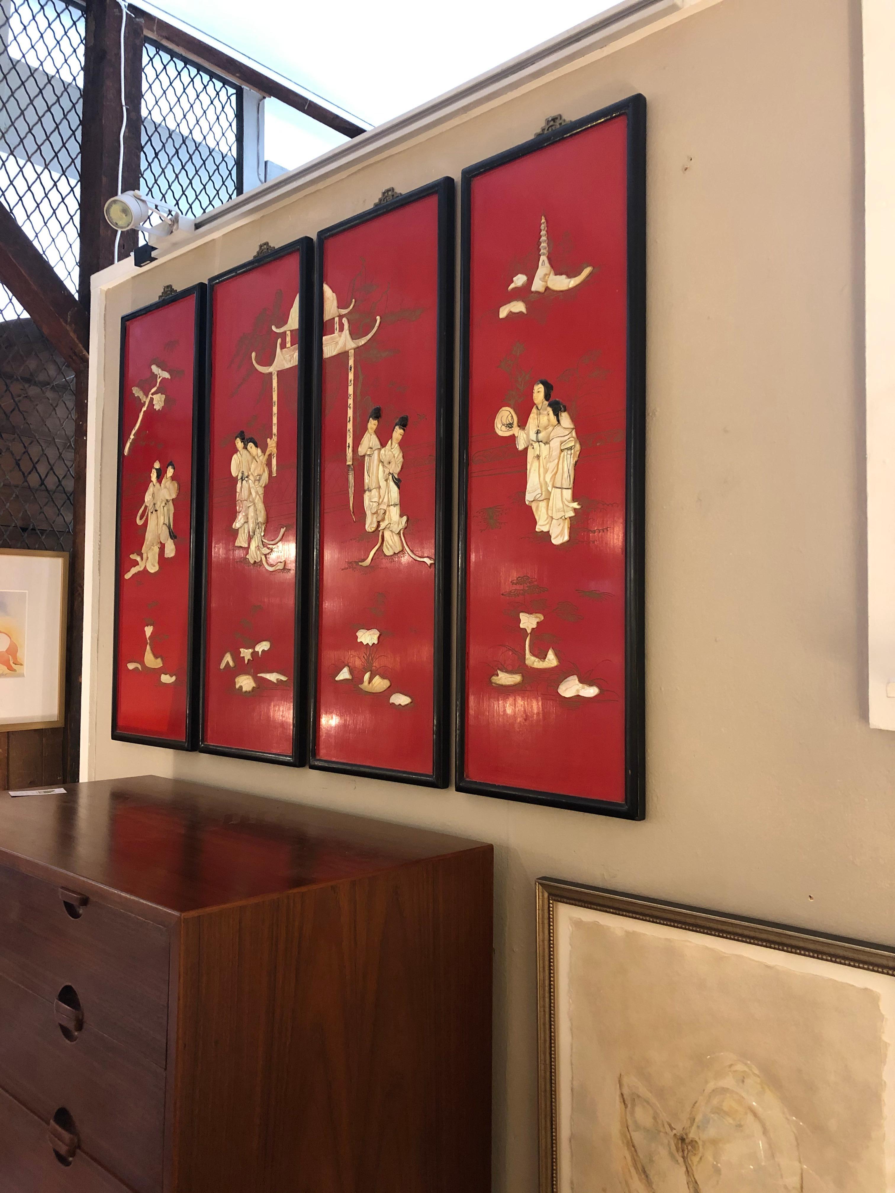 Incredible Set of 4 Red Chinoiserie Panels with Mother of Pearl Relief For Sale 6