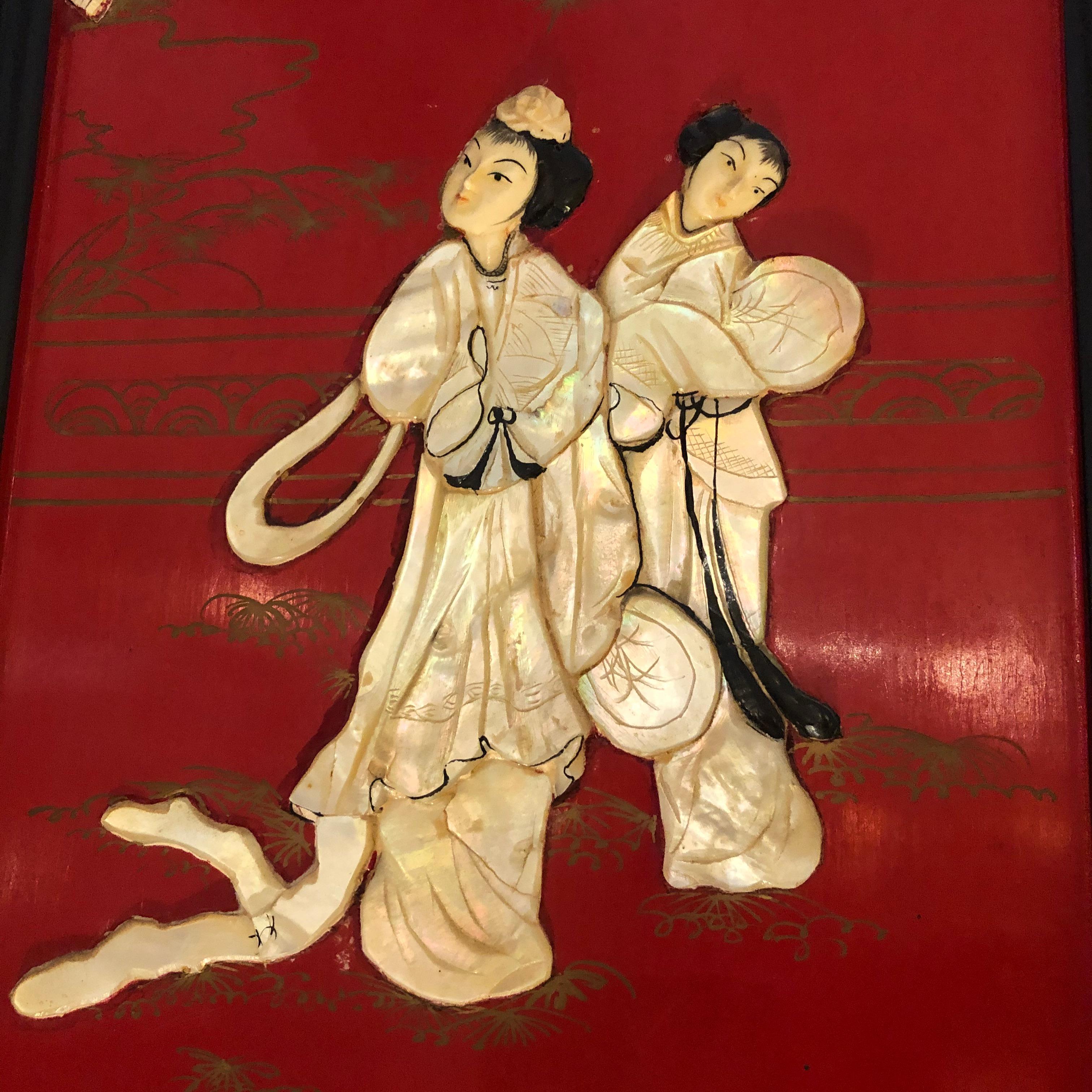 Early 20th Century Incredible Set of 4 Red Chinoiserie Panels with Mother of Pearl Relief For Sale