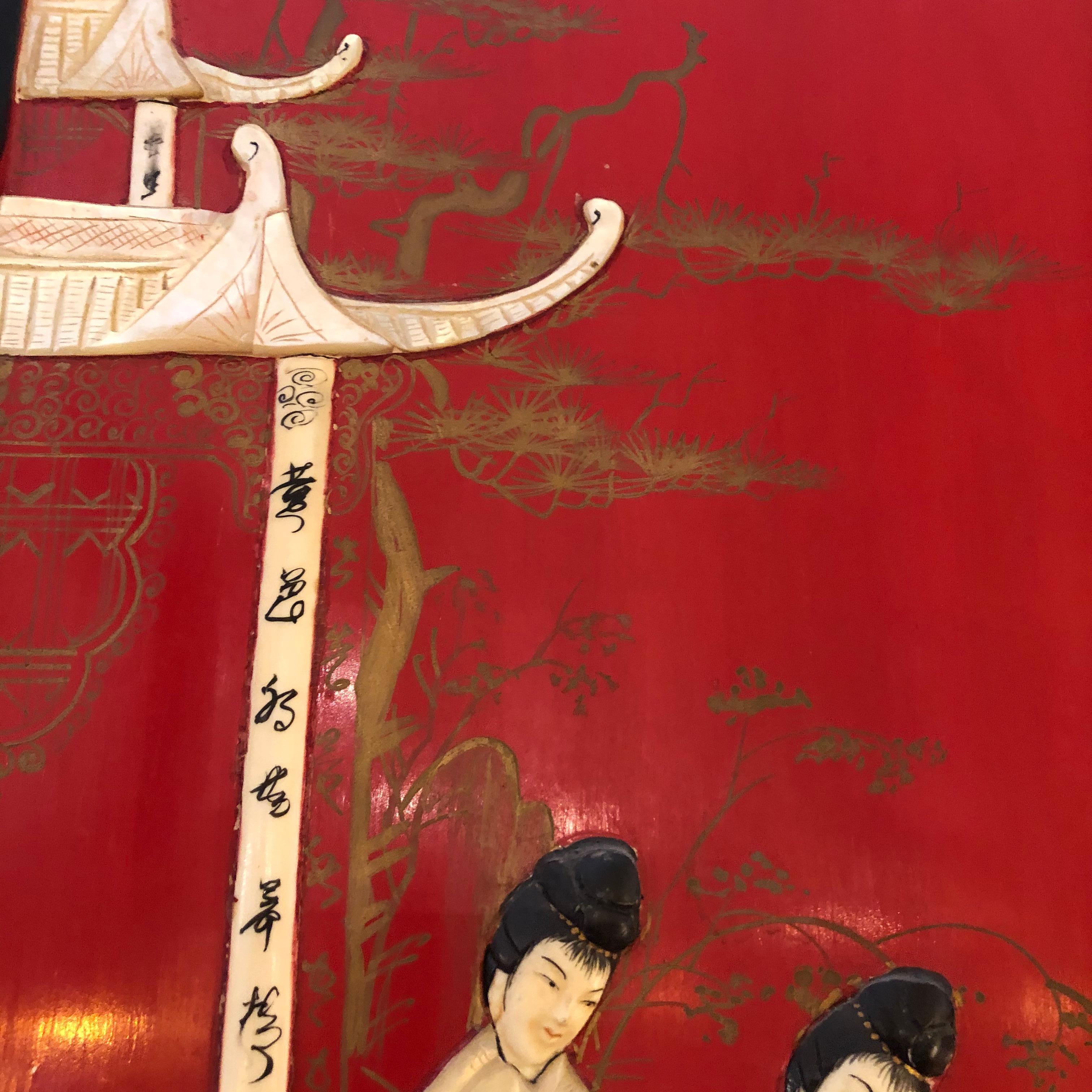 Incredible Set of 4 Red Chinoiserie Panels with Mother of Pearl Relief For Sale 2