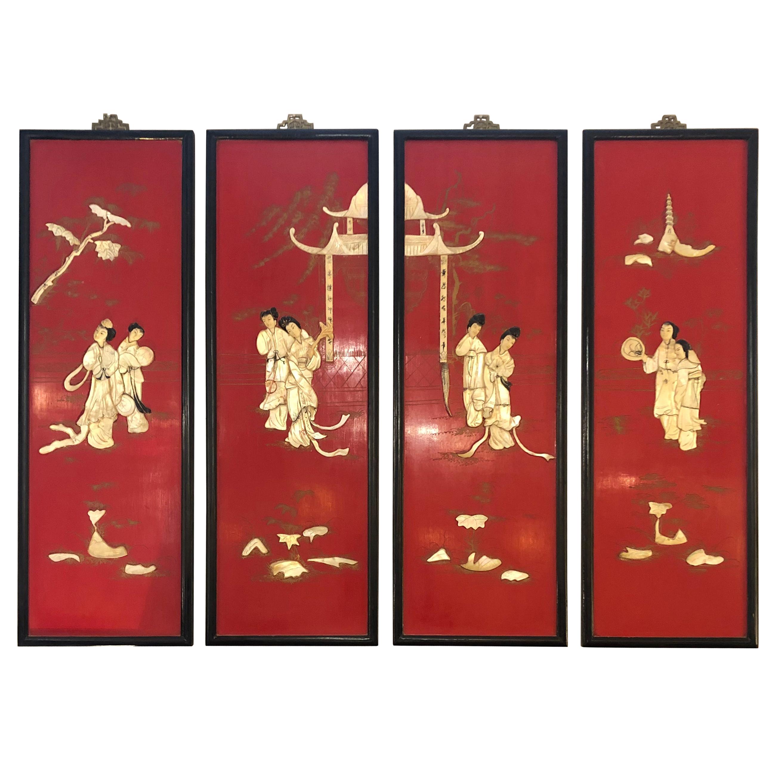 Incredible Set of 4 Red Chinoiserie Panels with Mother of Pearl Relief For Sale