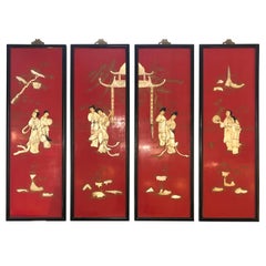 Increíble Juego de 4 Paneles de Chinoiserie Roja con Relieve de Nácar