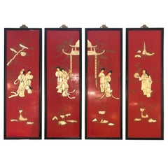 Incredible Set of 4 Red Chinoiserie Panels with Mother of Pearl Relief