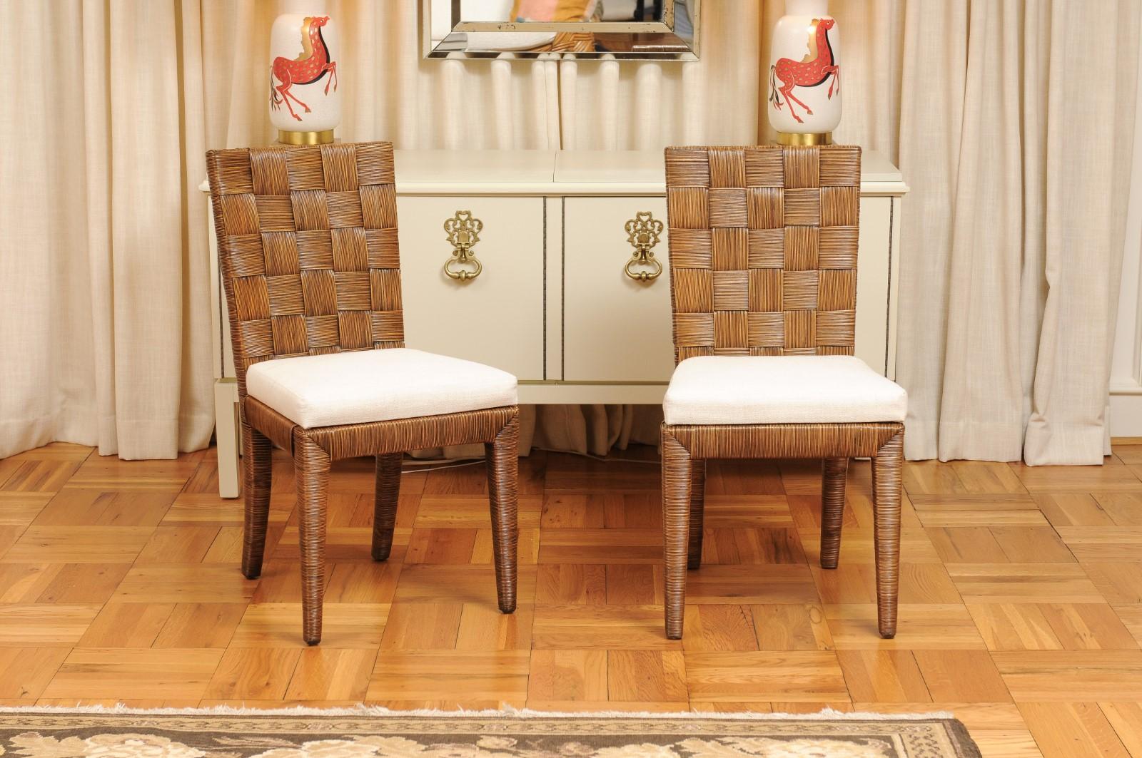 This magnificent set of organic dining chairs is shipped as professionally photographed and described in the listing narrative: Meticulously professionally restored, newly custom upholstered and installation ready. Expert custom upholstery service