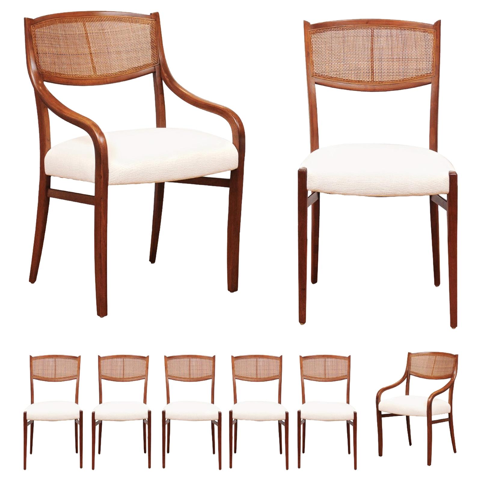 Incredible Set of 8 Walnut Cane Dining Chairs by Barney Flagg, circa 1960 For Sale