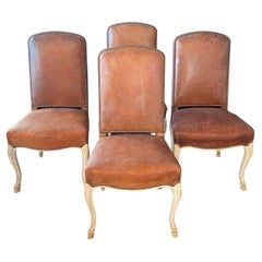 Antique Incredible Set of Four 19th Century Distresed Leather Hoof Footed Chairs