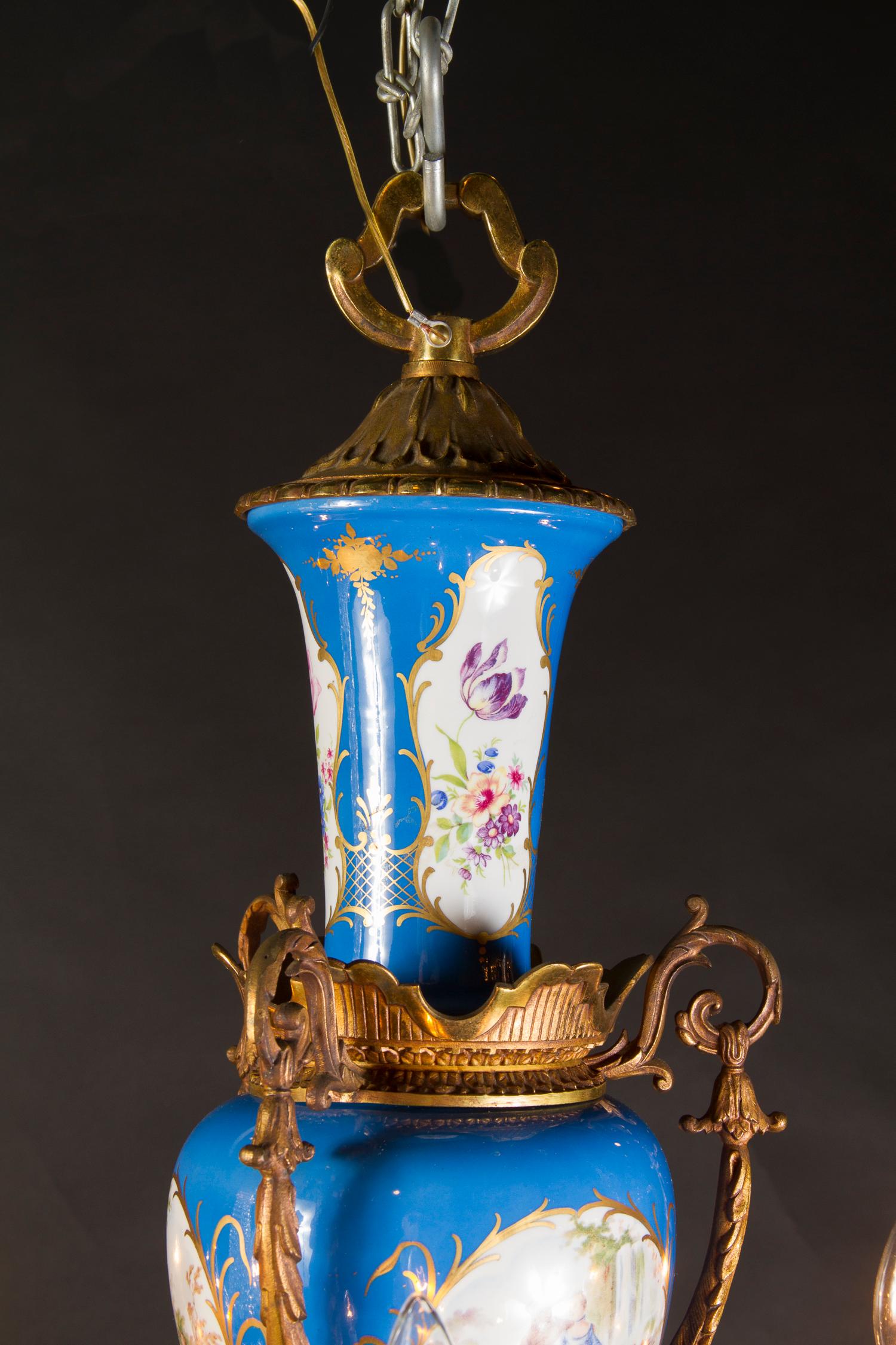 Incredible Sevres Porcelain and Bronze Chandelier, French 19th Century For Sale 3