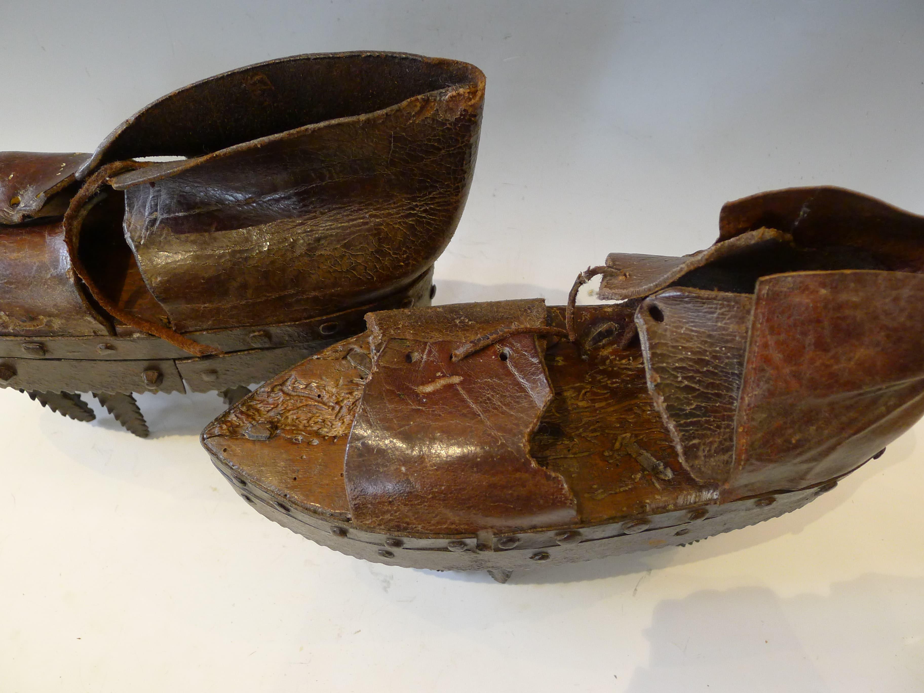 Footwear with sawtooth spikes, to debug chestnuts on land.
Incredible objet from France, Lozère (South of France)
Made with iron, leather and wood.
 
