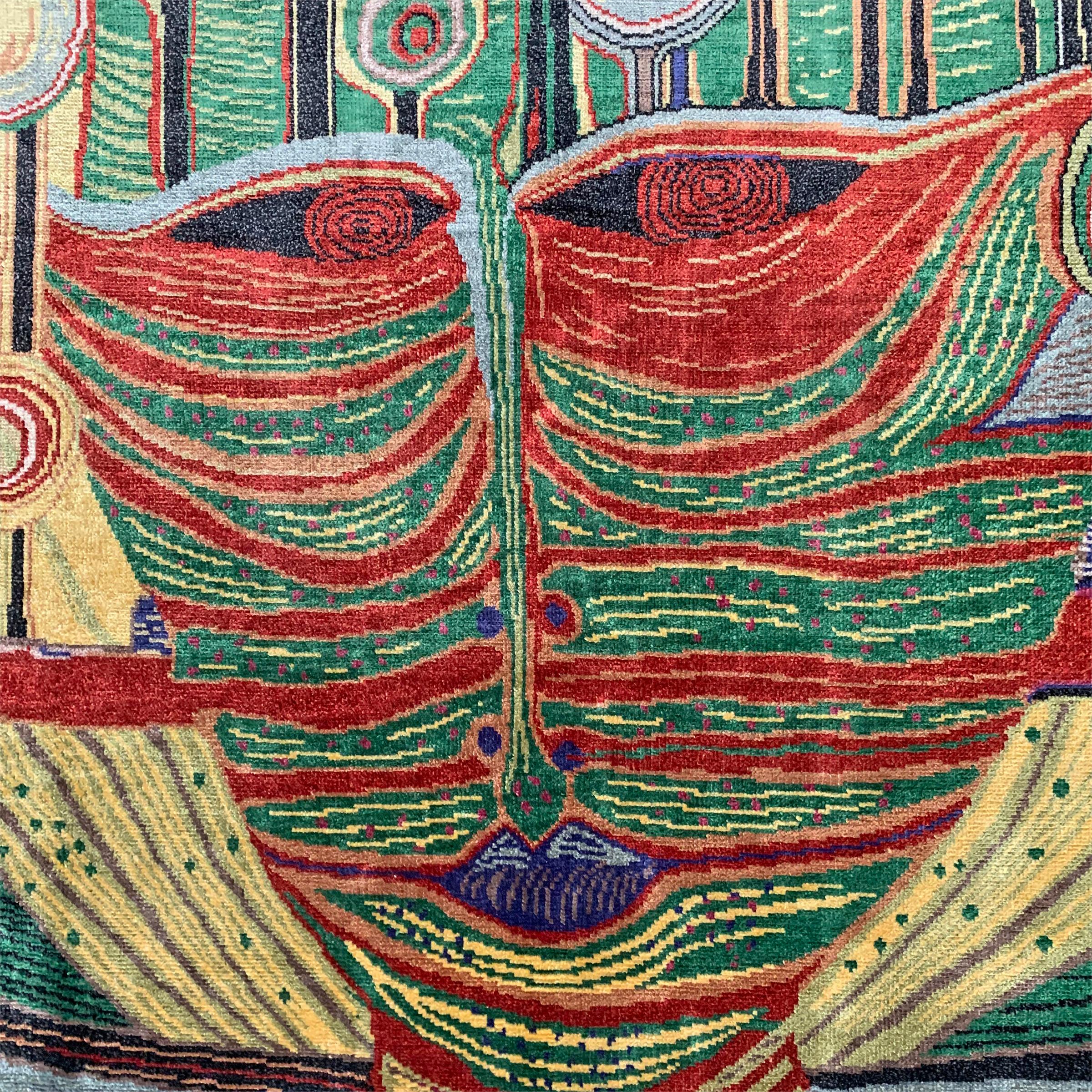 An unbelievable handwoven Brazilian silk tapestry inspired by a painting by Austrian artist Friedensreich Hundertwasser (1928-2000) depicting a portrait amidst a fanciful landscape of lollipop trees, all woven in radiant crimsons, golds, greens,