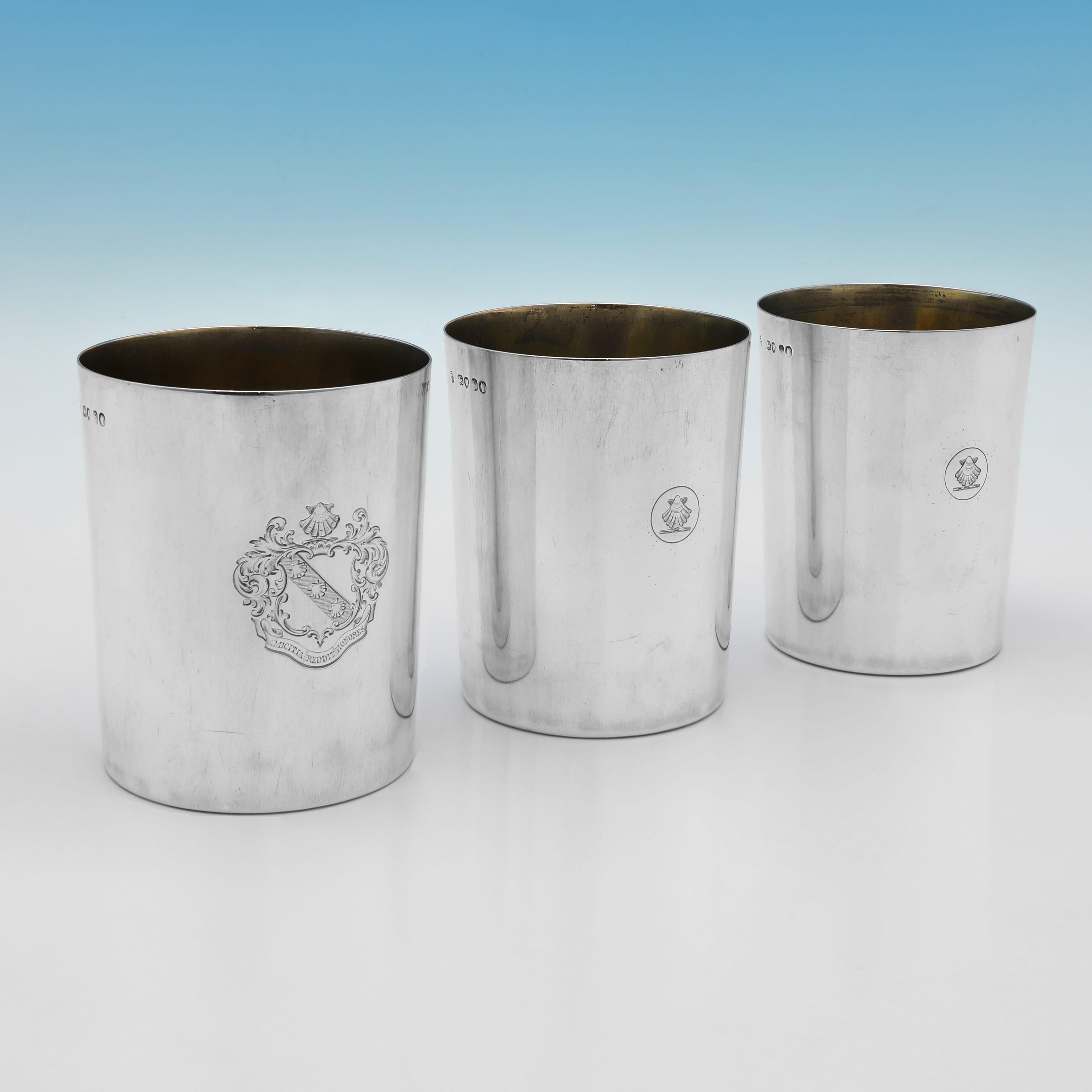 Mid-19th Century Incredible sterling silver set of stacking beakers & shot glasses from 1861 & 71 For Sale