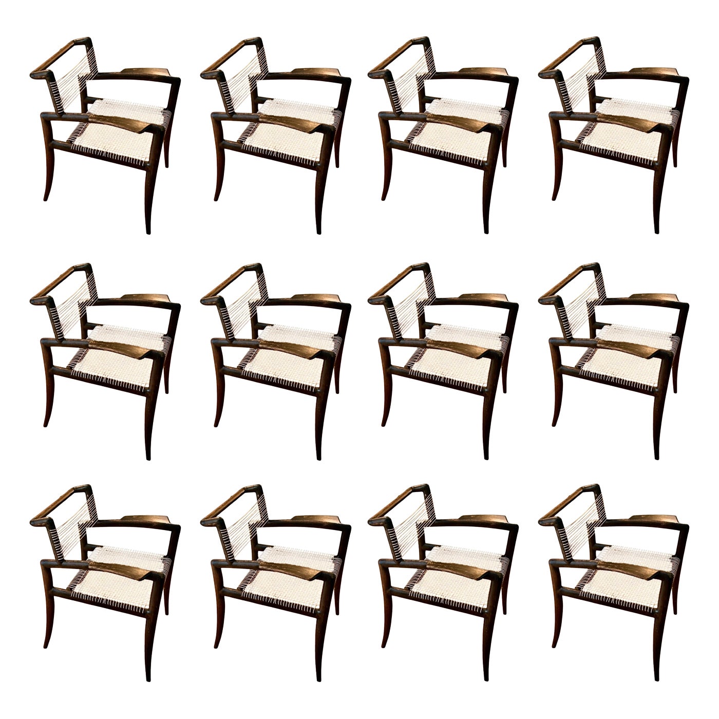 Increíble conjunto superviviente de 12 sillones modernos Klismos de Charles Allen, c 1950 en venta