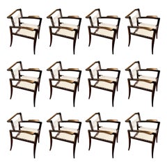 Increíble conjunto superviviente de 12 sillones modernos Klismos de Charles Allen, c 1950