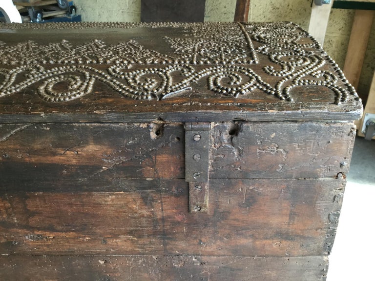 Incredible Very Old Spanish Trunk Encrusted with Brass Decorative Tacks