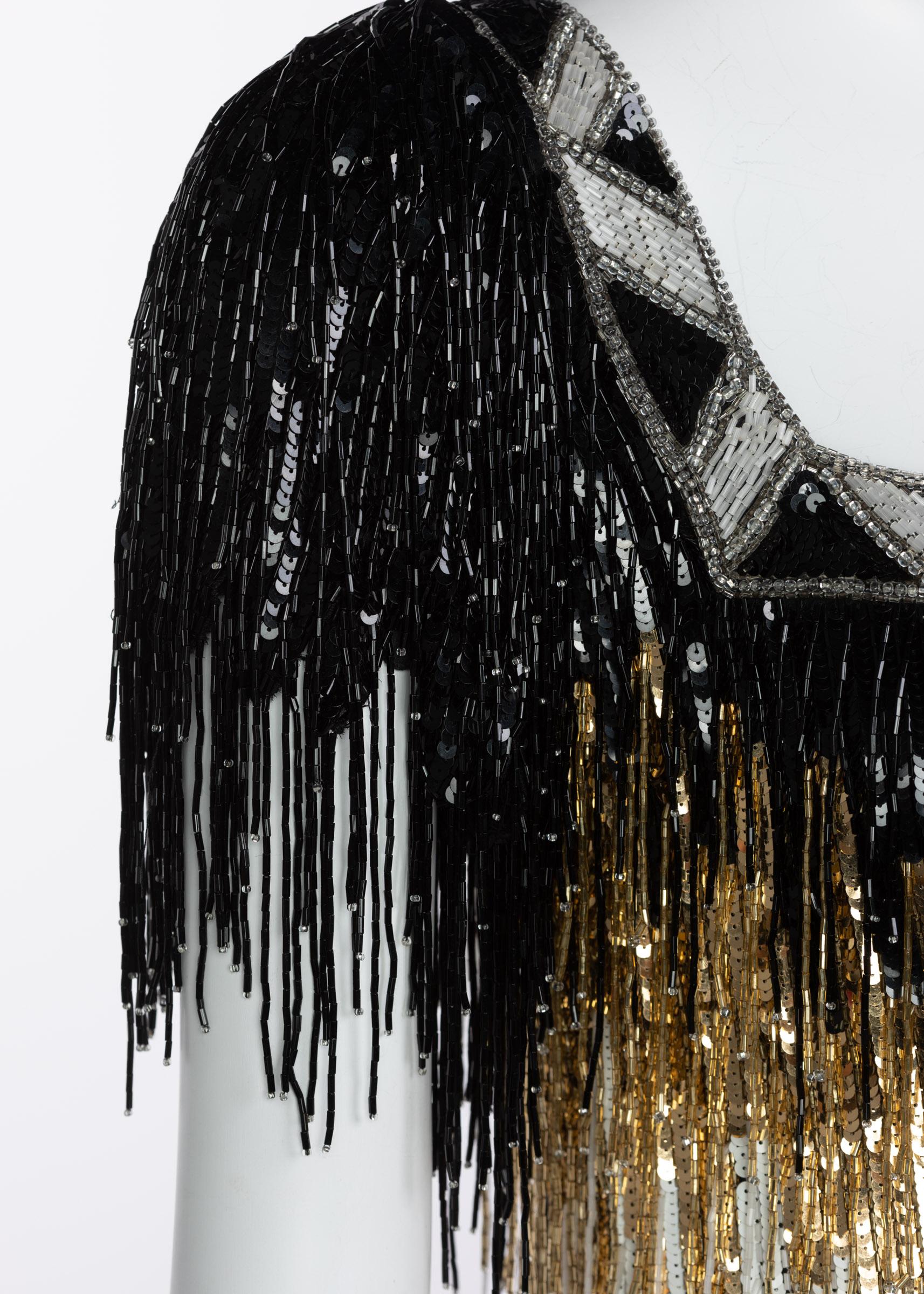 Bob Mackie - Incroyable robe courte vintage ornée de perles noires et blanches à franges en vente 6