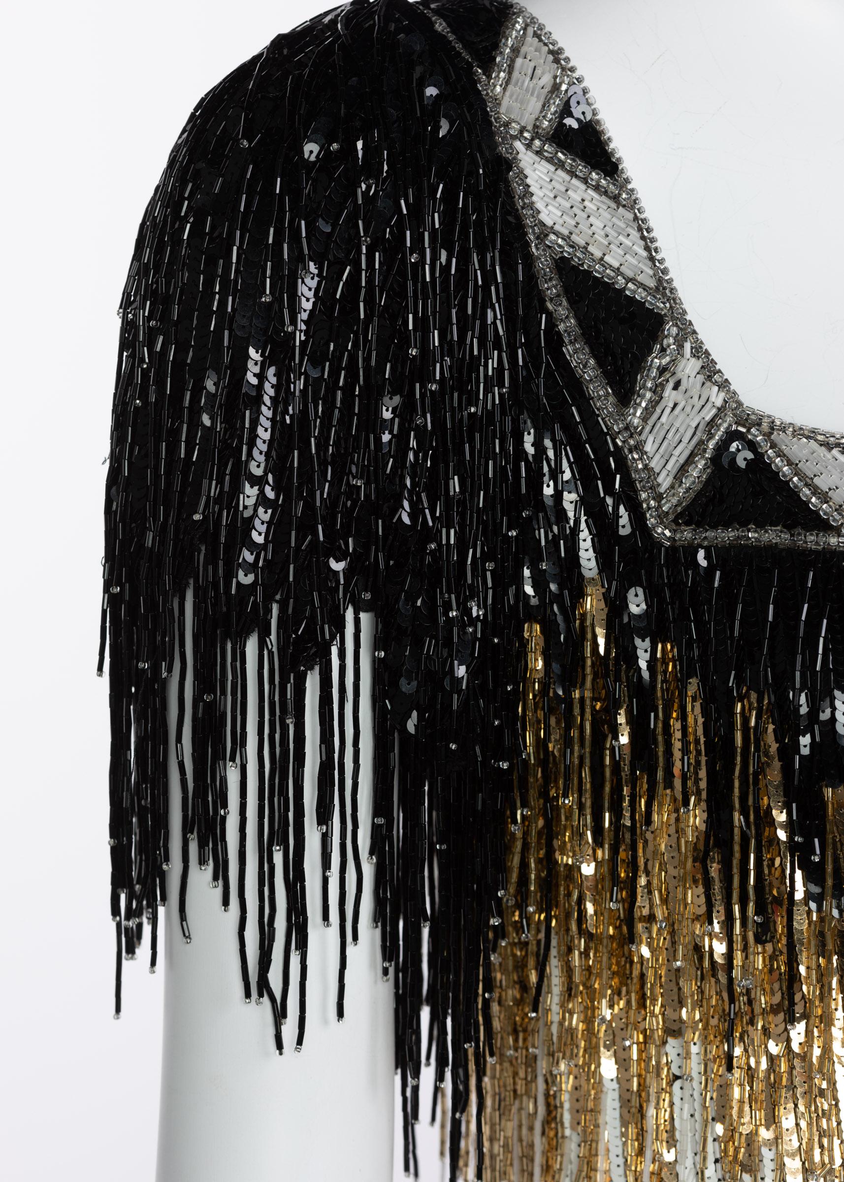 Incredible Vintage Bob Mackie Gold Black White Beaded Fringe Mini Dress For Sale 5