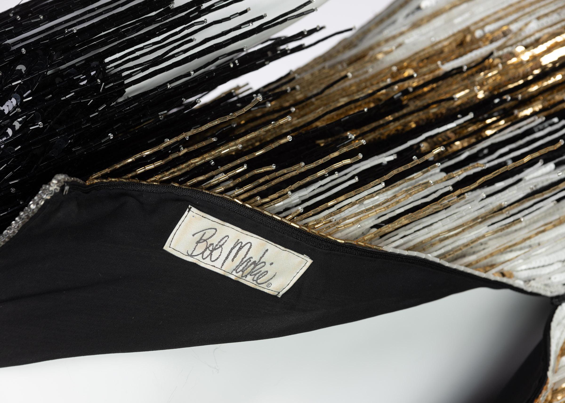 Bob Mackie - Incroyable robe courte vintage ornée de perles noires et blanches à franges en vente 8