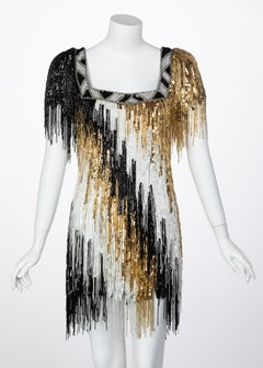 Incredible Vintage Bob Mackie Gold Black White Beaded Fringe Mini Dress