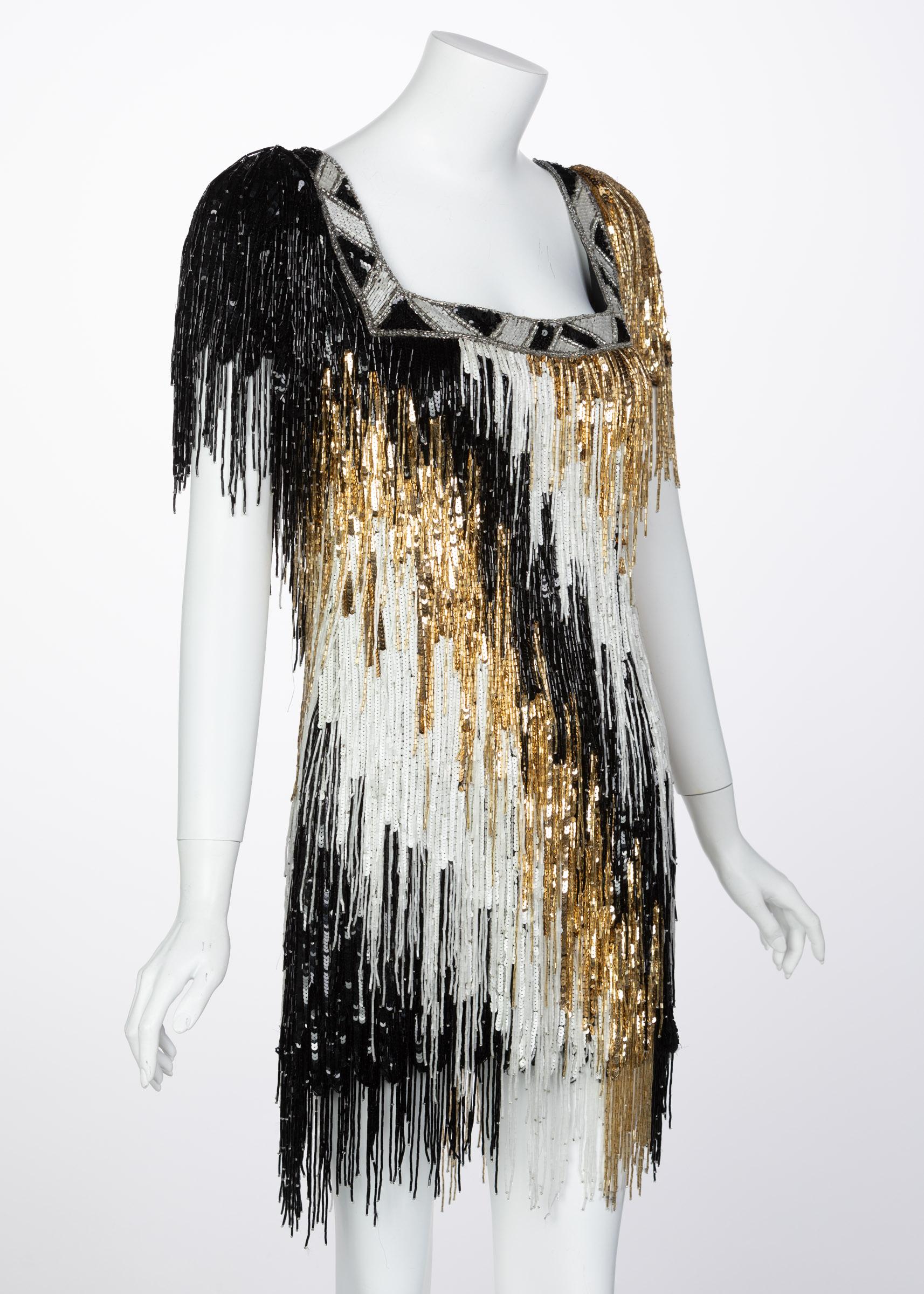 Beige Incredible Vintage Bob Mackie Gold Black White Beaded Fringe Mini Dress For Sale