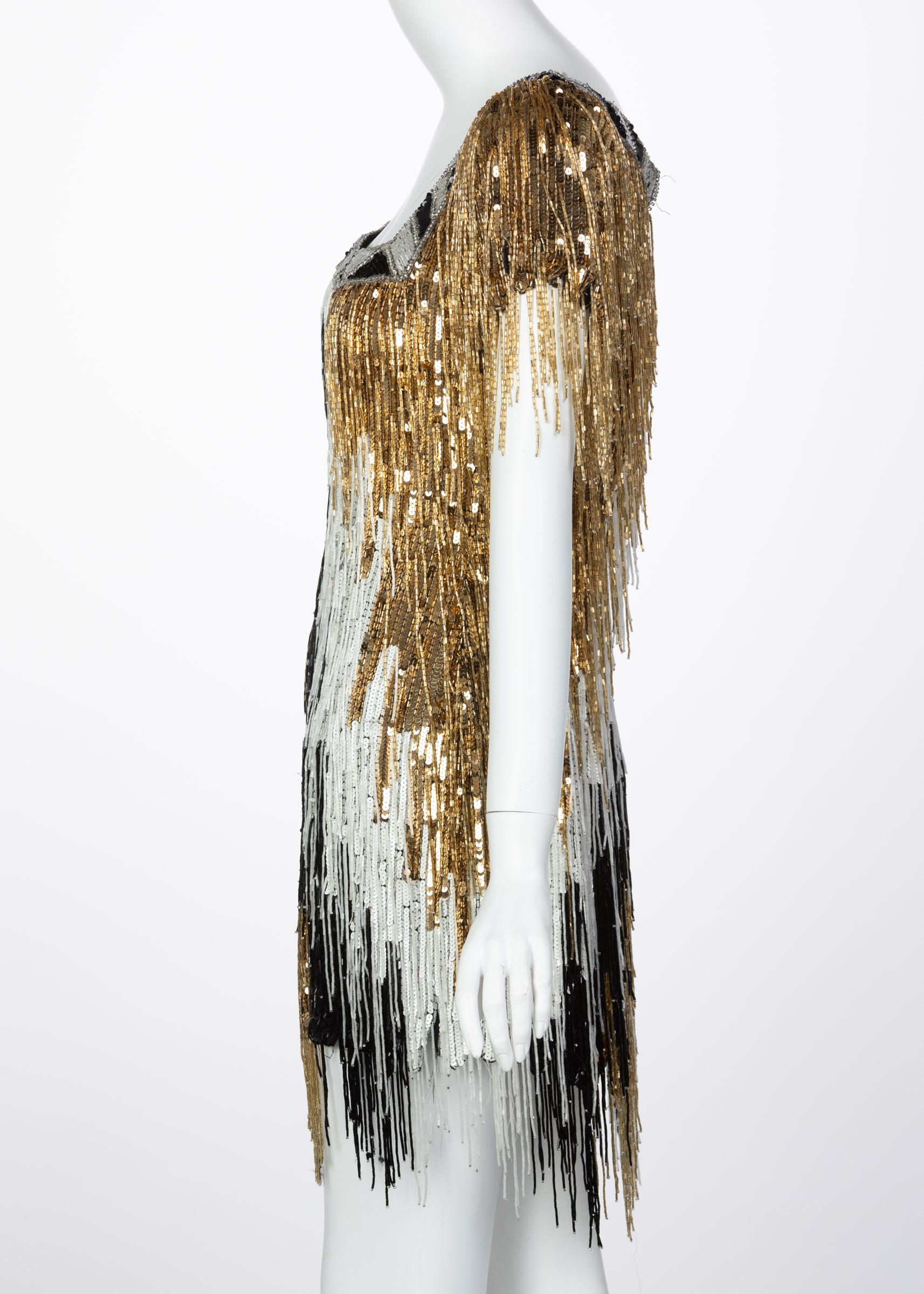 Women's Incredible Vintage Bob Mackie Gold Black White Beaded Fringe Mini Dress For Sale