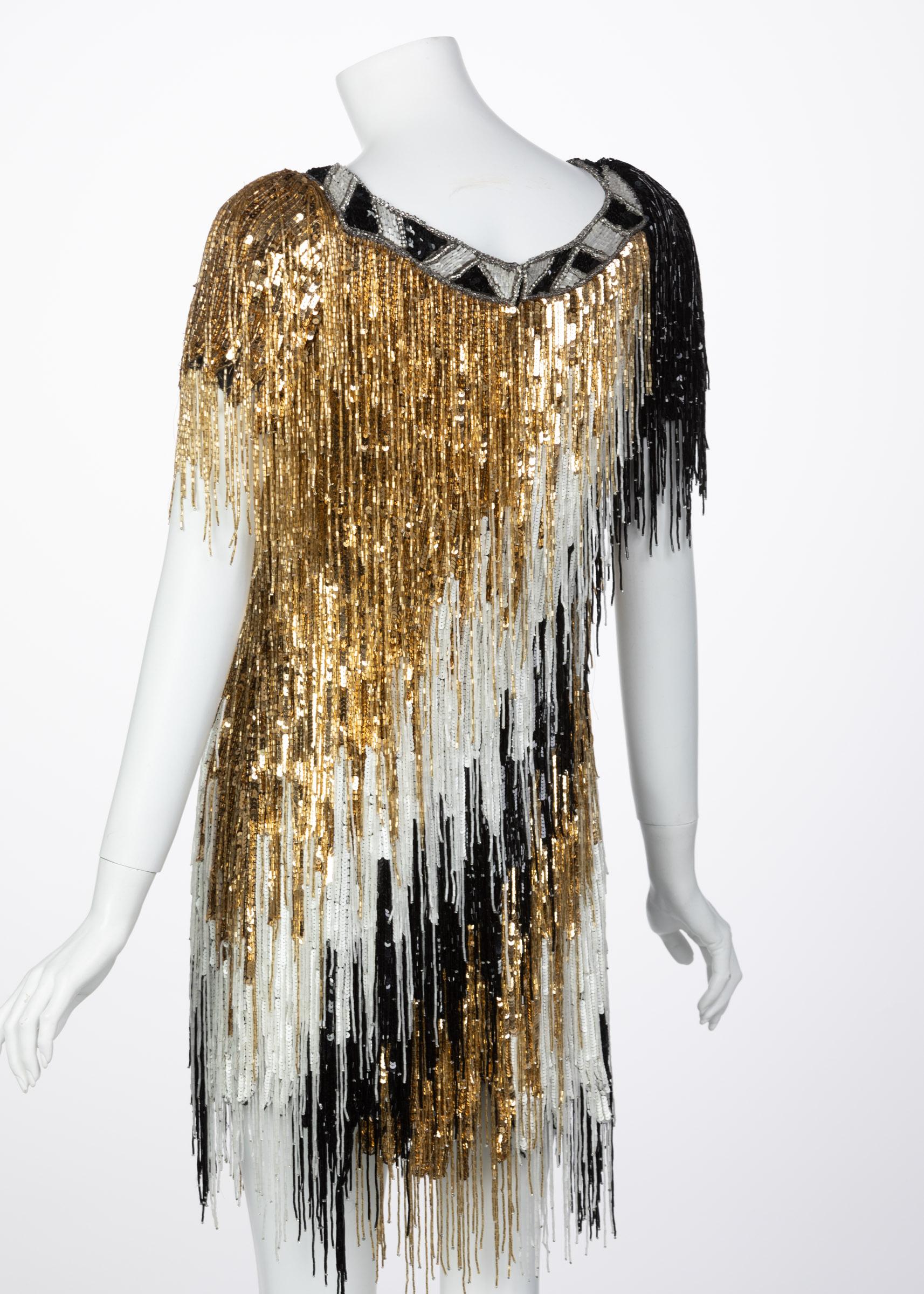 Incredible Vintage Bob Mackie Gold Black White Beaded Fringe Mini Dress In Excellent Condition For Sale In Boca Raton, FL