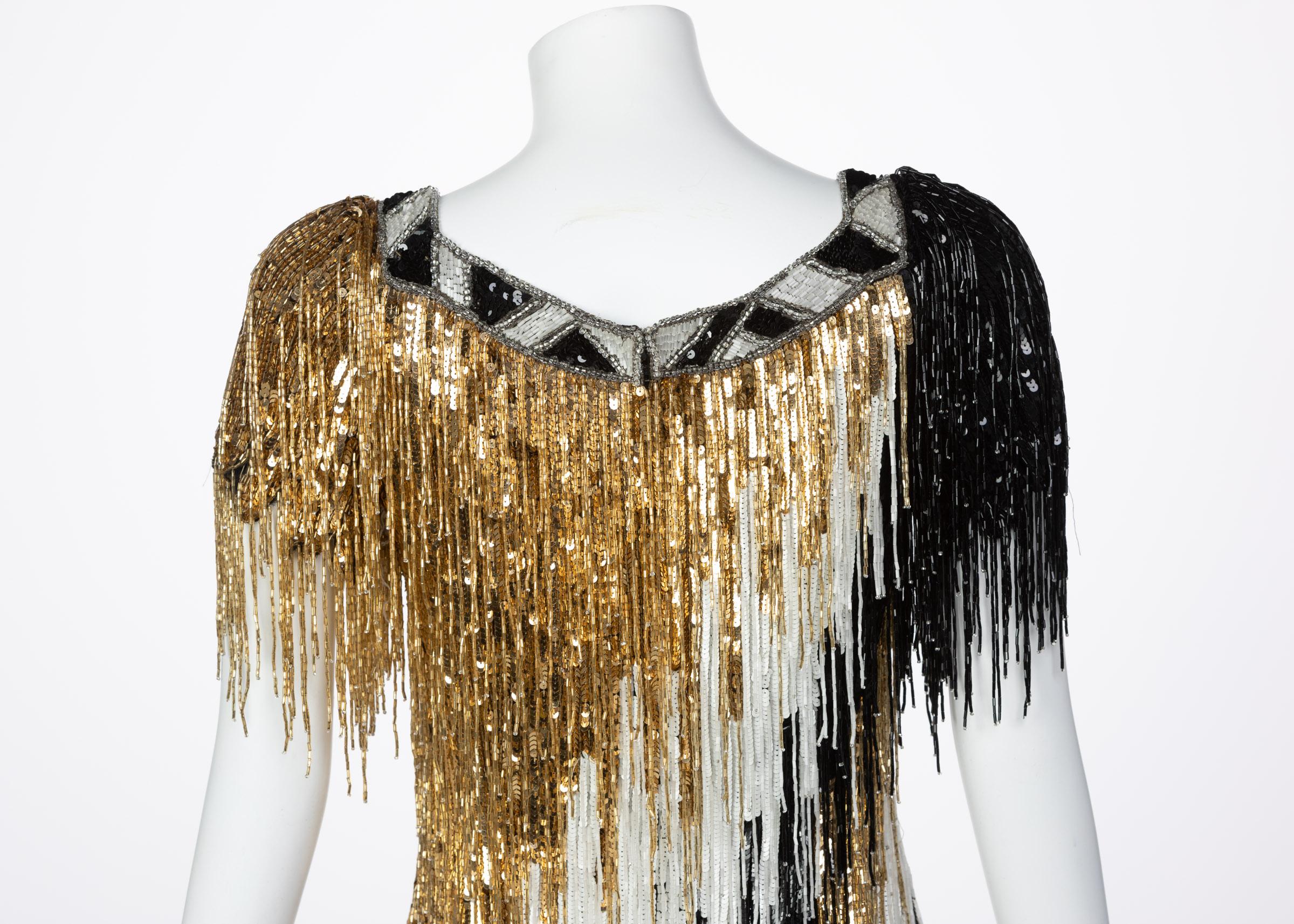 Women's Incredible Vintage Bob Mackie Gold Black White Beaded Fringe Mini Dress