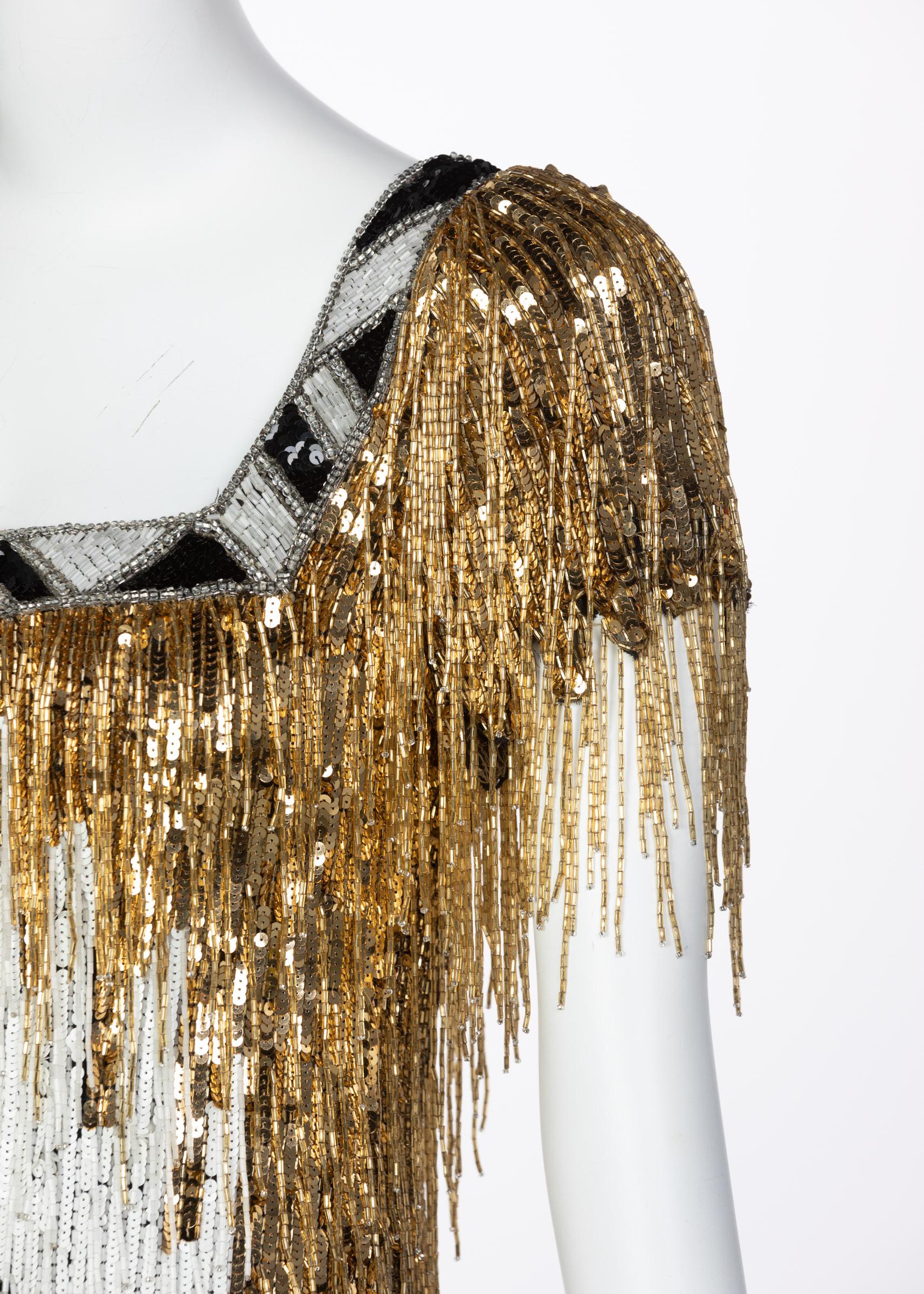 Incredible Vintage Bob Mackie Gold Black White Beaded Fringe Mini Dress For Sale 4