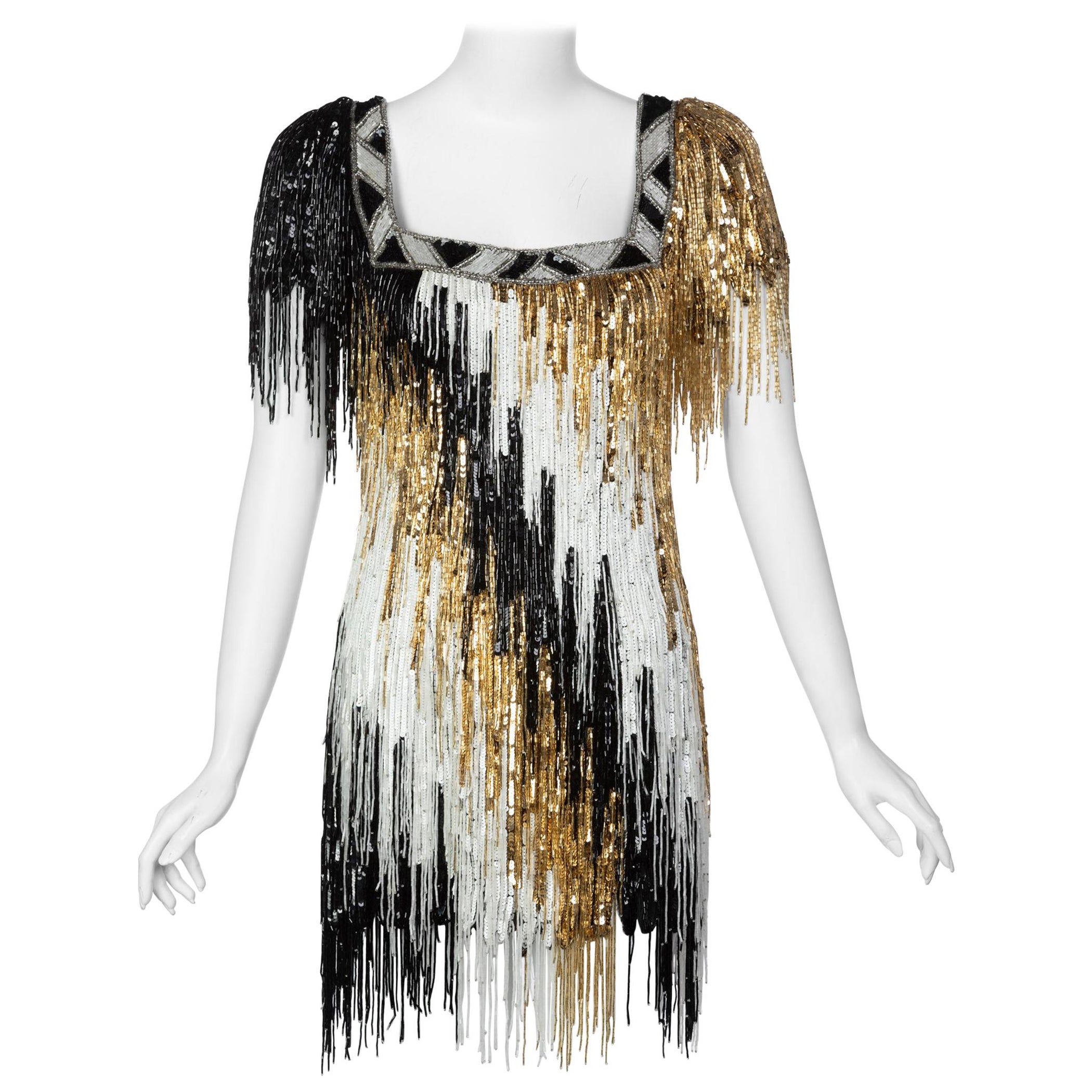 Incredible Vintage Bob Mackie Gold Black White Beaded Fringe Mini Dress For Sale