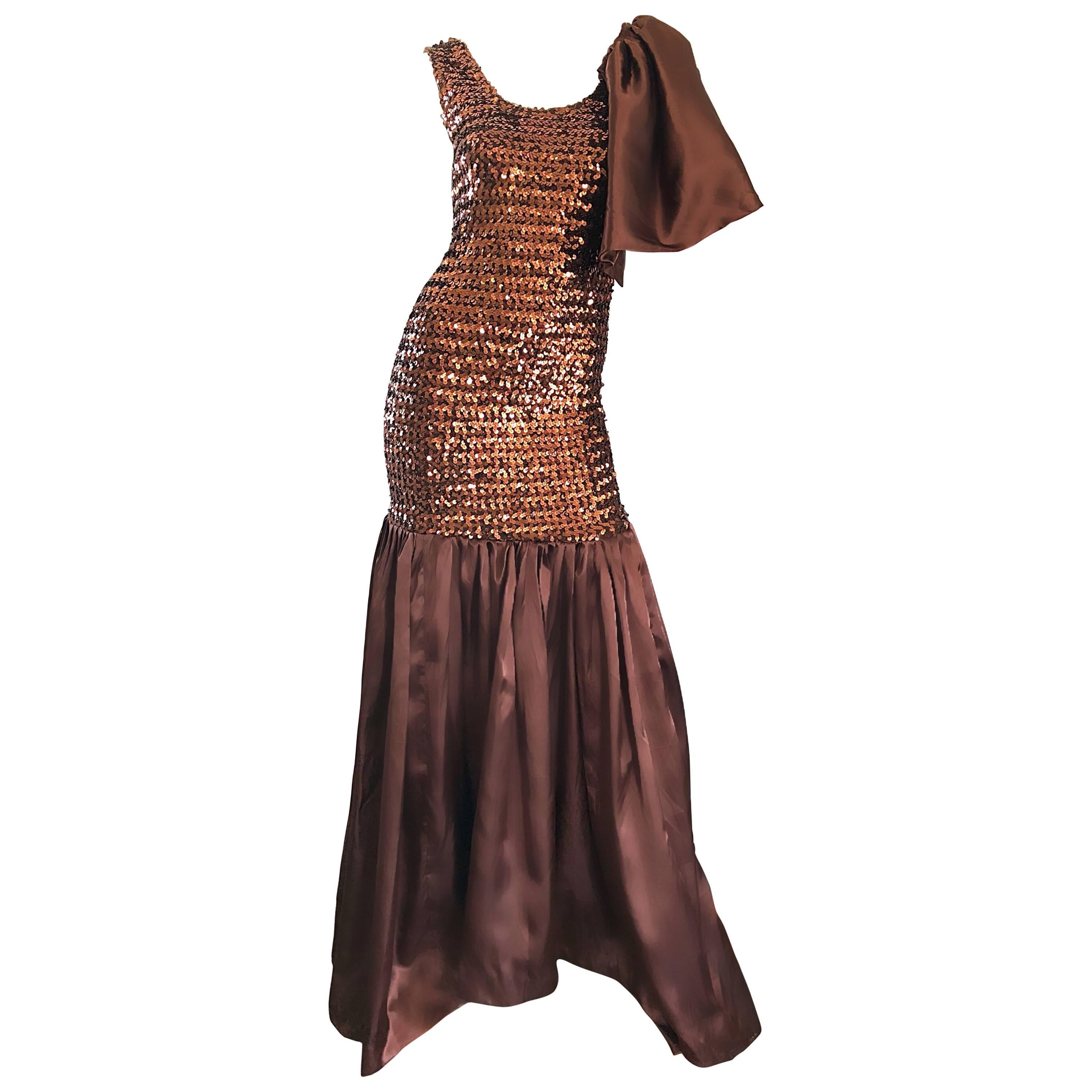 Incredibile abito da sera a sirena vintage in stile flamenco con paillettes marrone