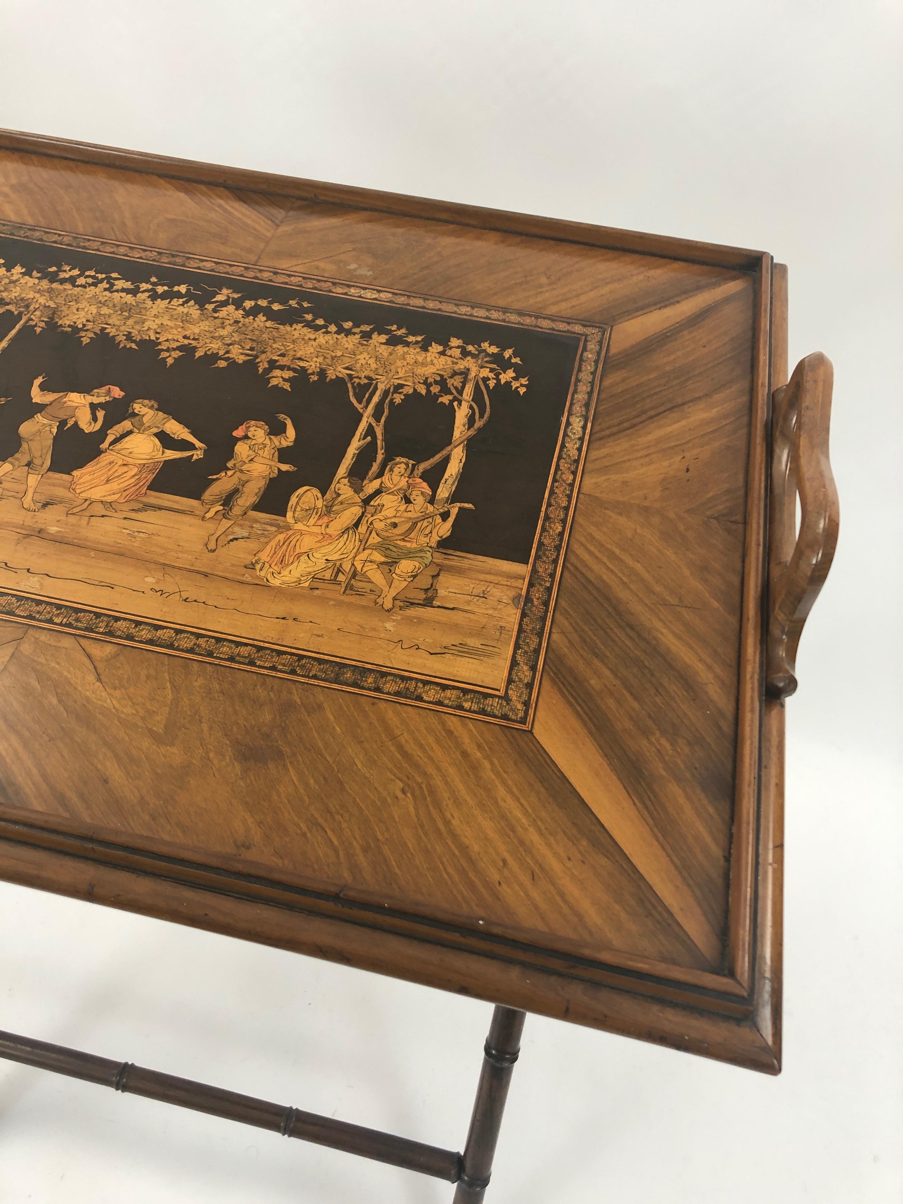 Incredible Walnut Inlaid Figural Tray and Game Table In Excellent Condition In Hopewell, NJ