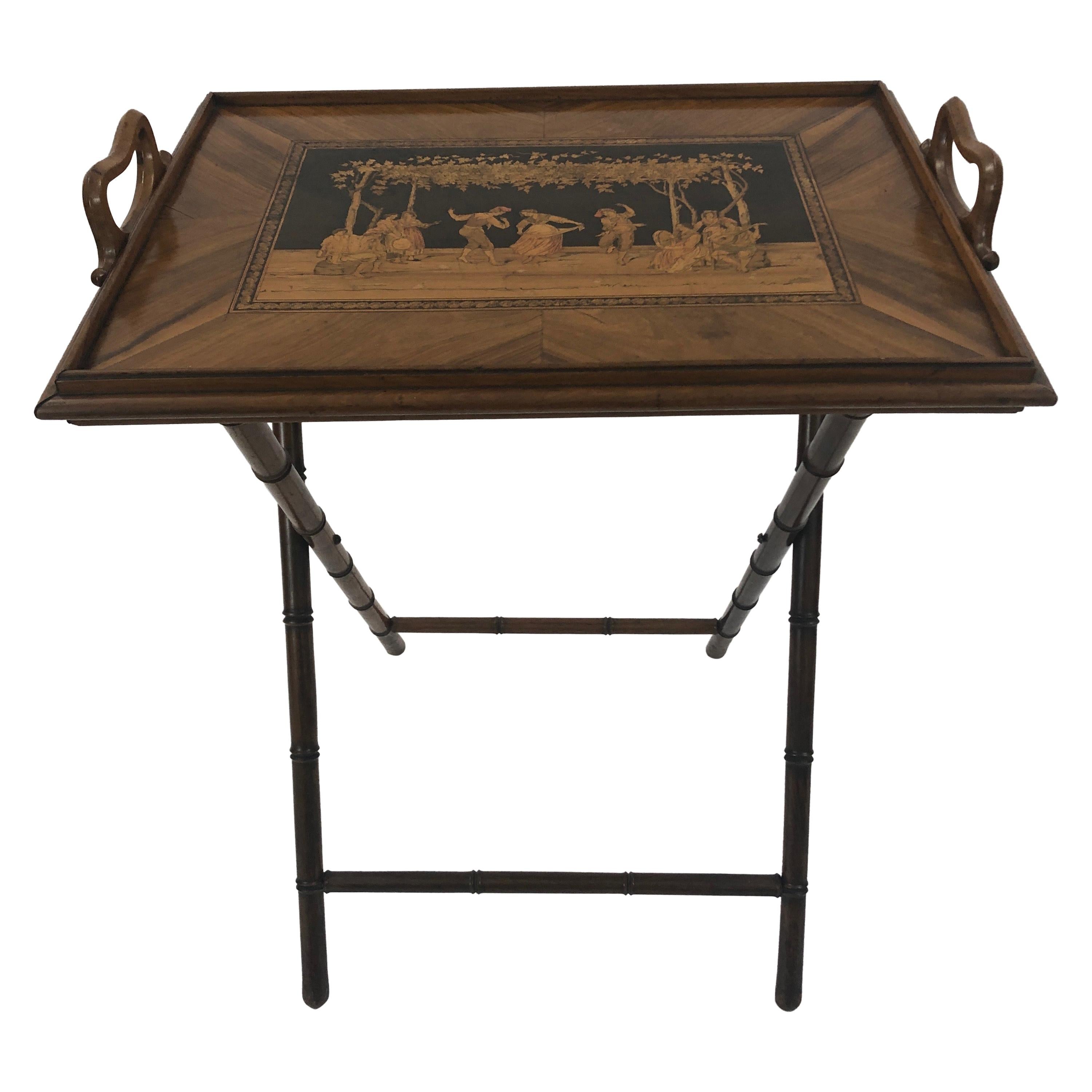 Incredible Walnut Inlaid Figural Tray and Game Table