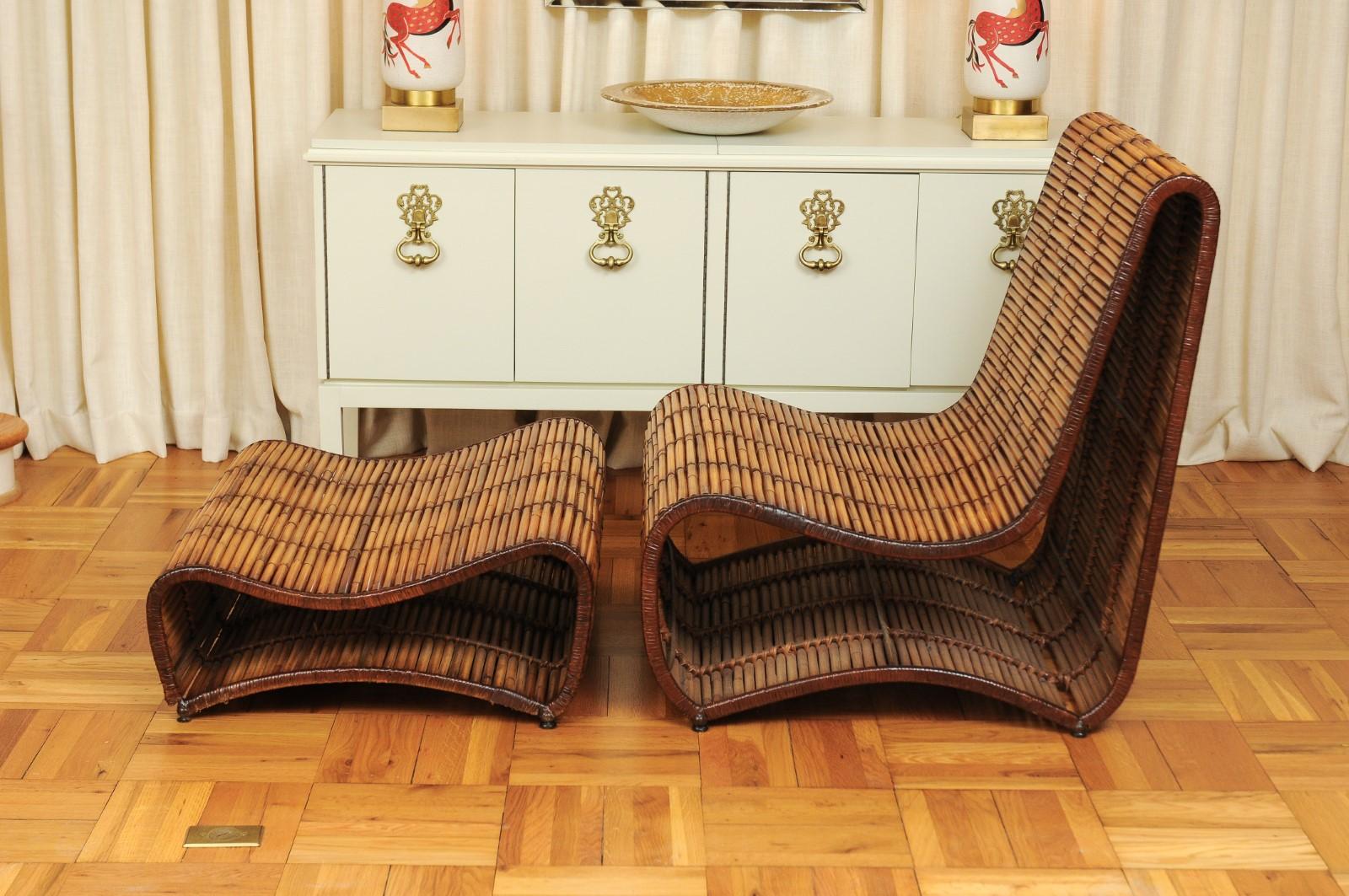 Bamboo Incredible Wave Lounge Chair and Ottoman Pair by Danny Ho Fong, circa 1970 For Sale