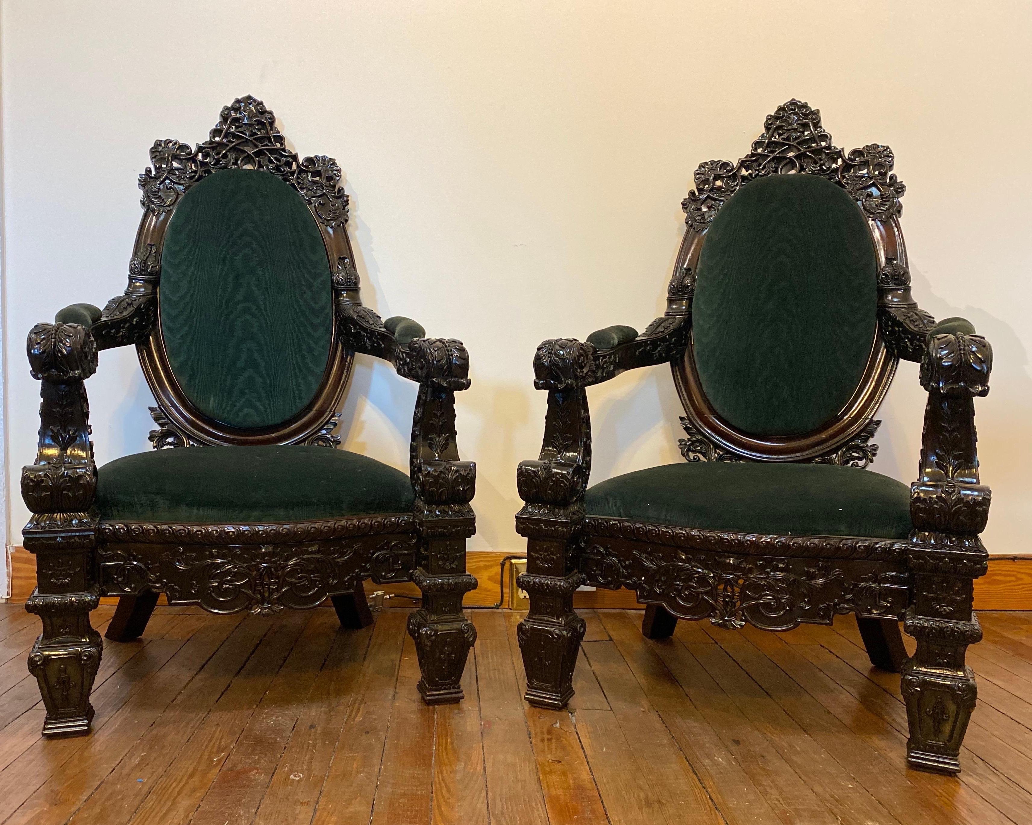 Incredibly Carved 19th Century Anglo-Indian Rosewood Palatial Chairs In Good Condition In Charleston, SC