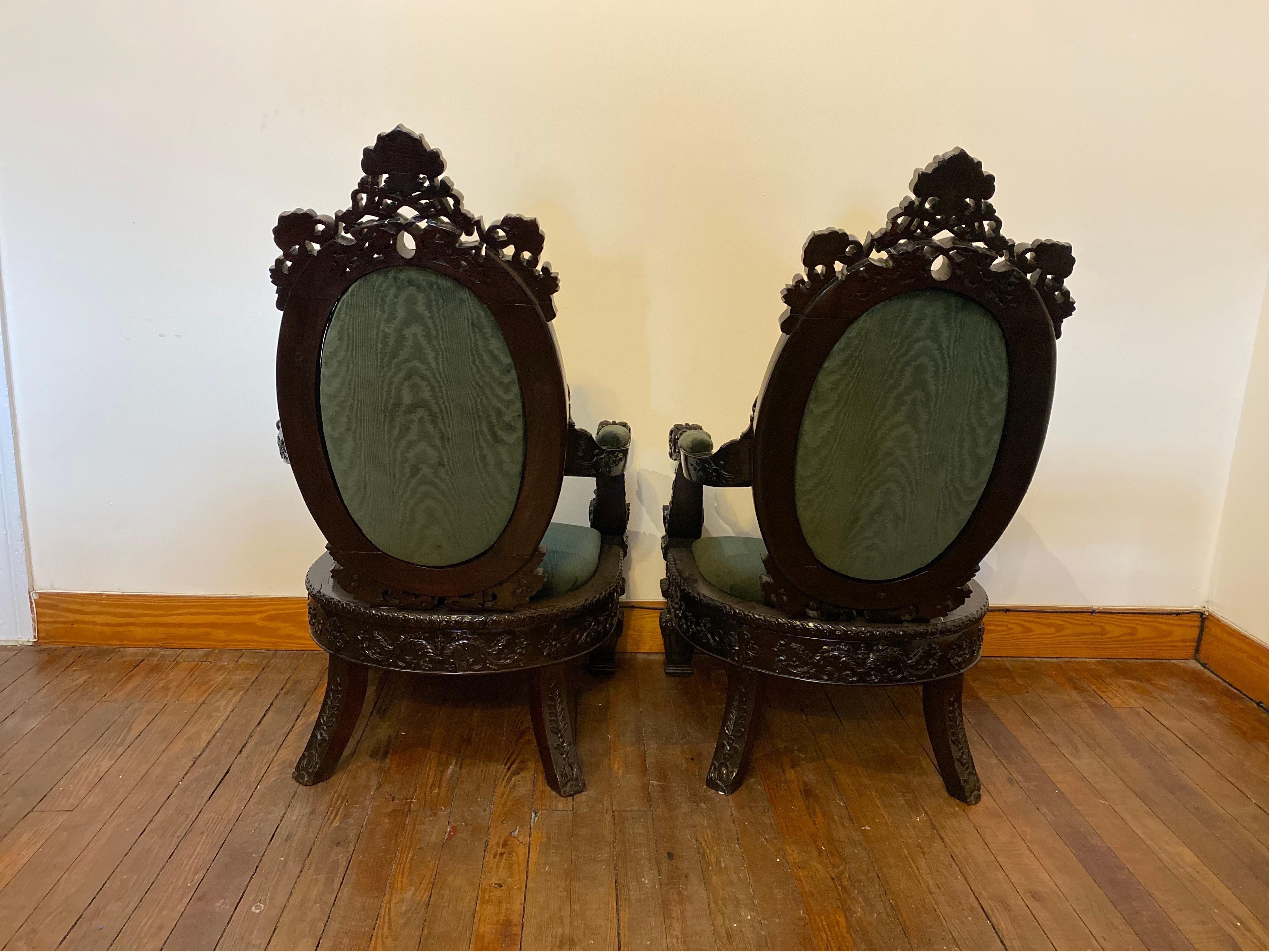 Incredibly Carved 19th Century Anglo-Indian Rosewood Palatial Chairs 4