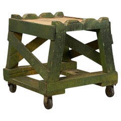 Antique Incredibly Charming Large Green Industrial Wooden Rolling Cart