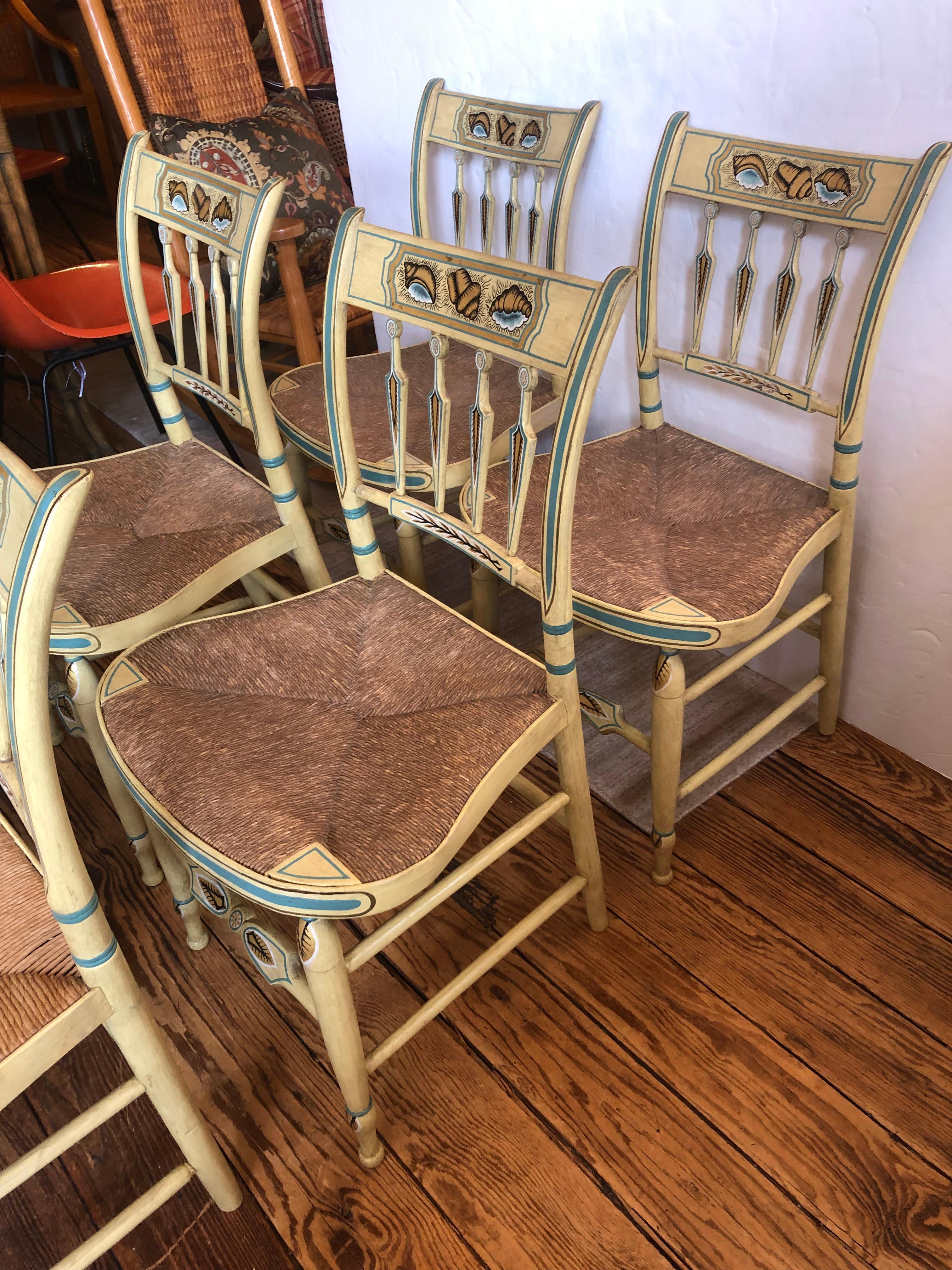 Incredibly Charming Set of 6 Hand Painted Shell Motife Hitchcock Dining Chairs 1