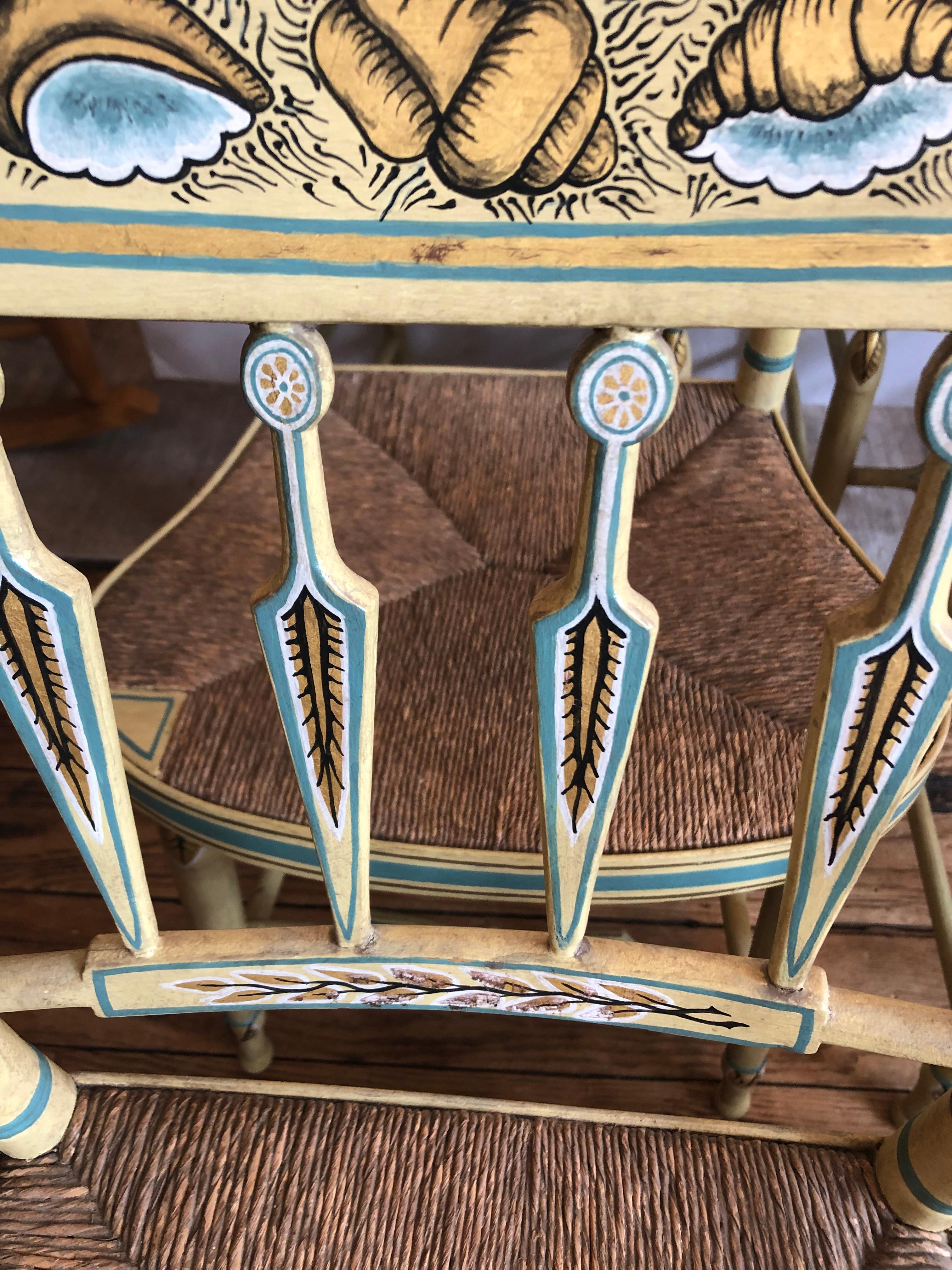 North American Incredibly Charming Set of 6 Hand Painted Shell Motife Hitchcock Dining Chairs