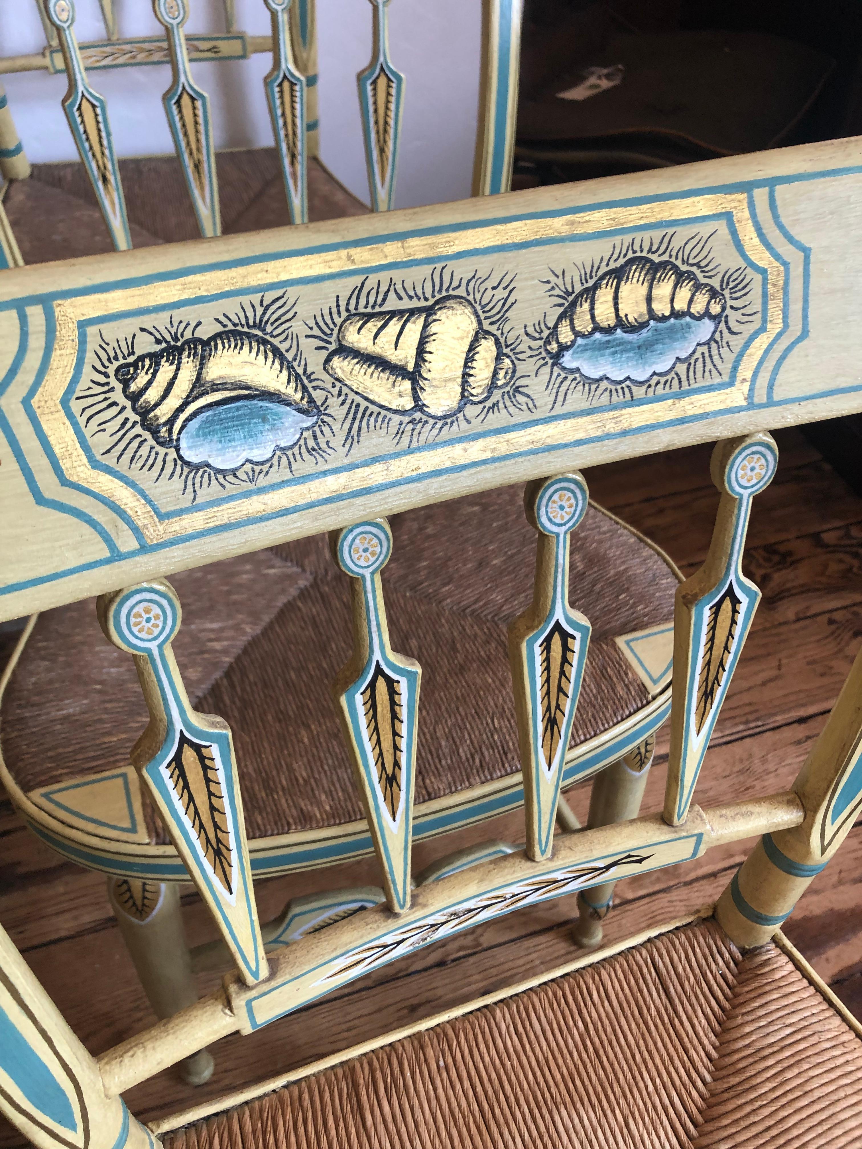 Hand-Painted Incredibly Charming Set of 6 Hand Painted Shell Motife Hitchcock Dining Chairs