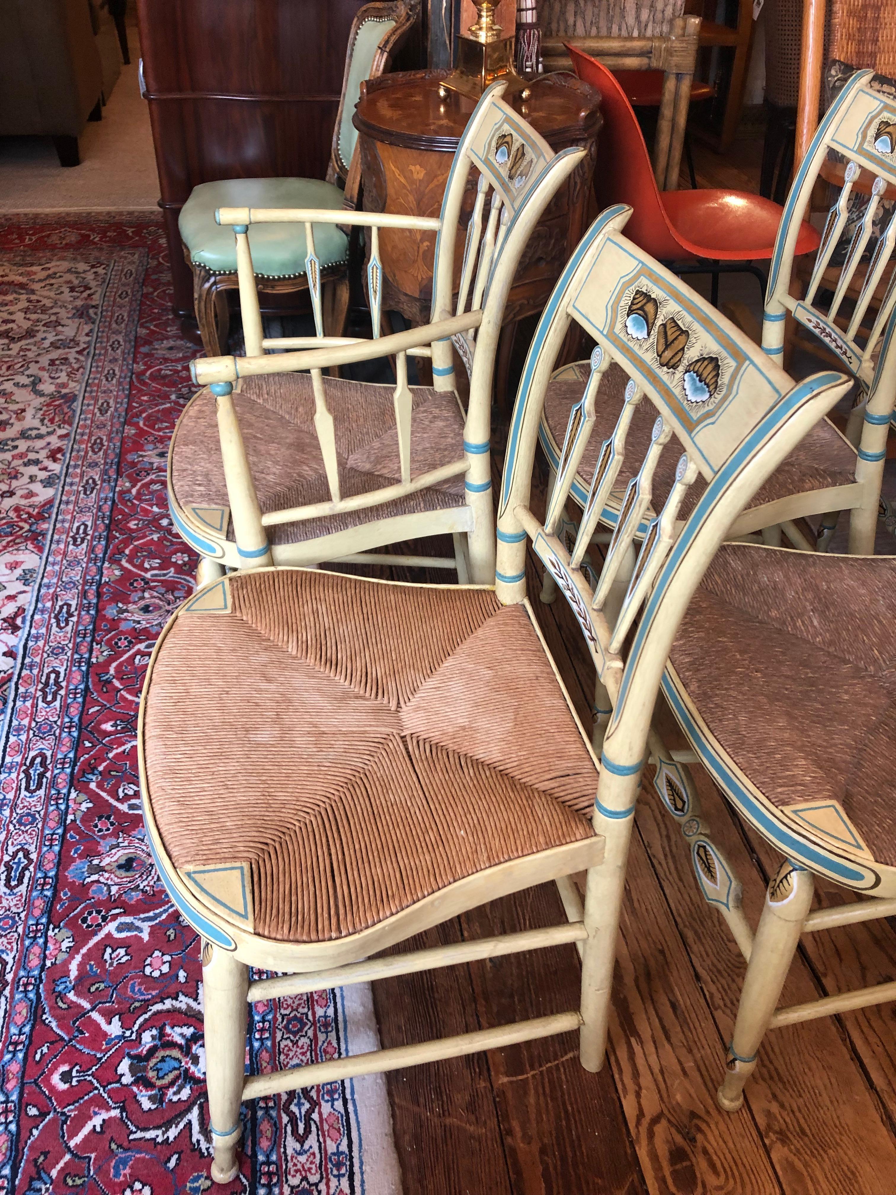 Mid-20th Century Incredibly Charming Set of 6 Hand Painted Shell Motife Hitchcock Dining Chairs