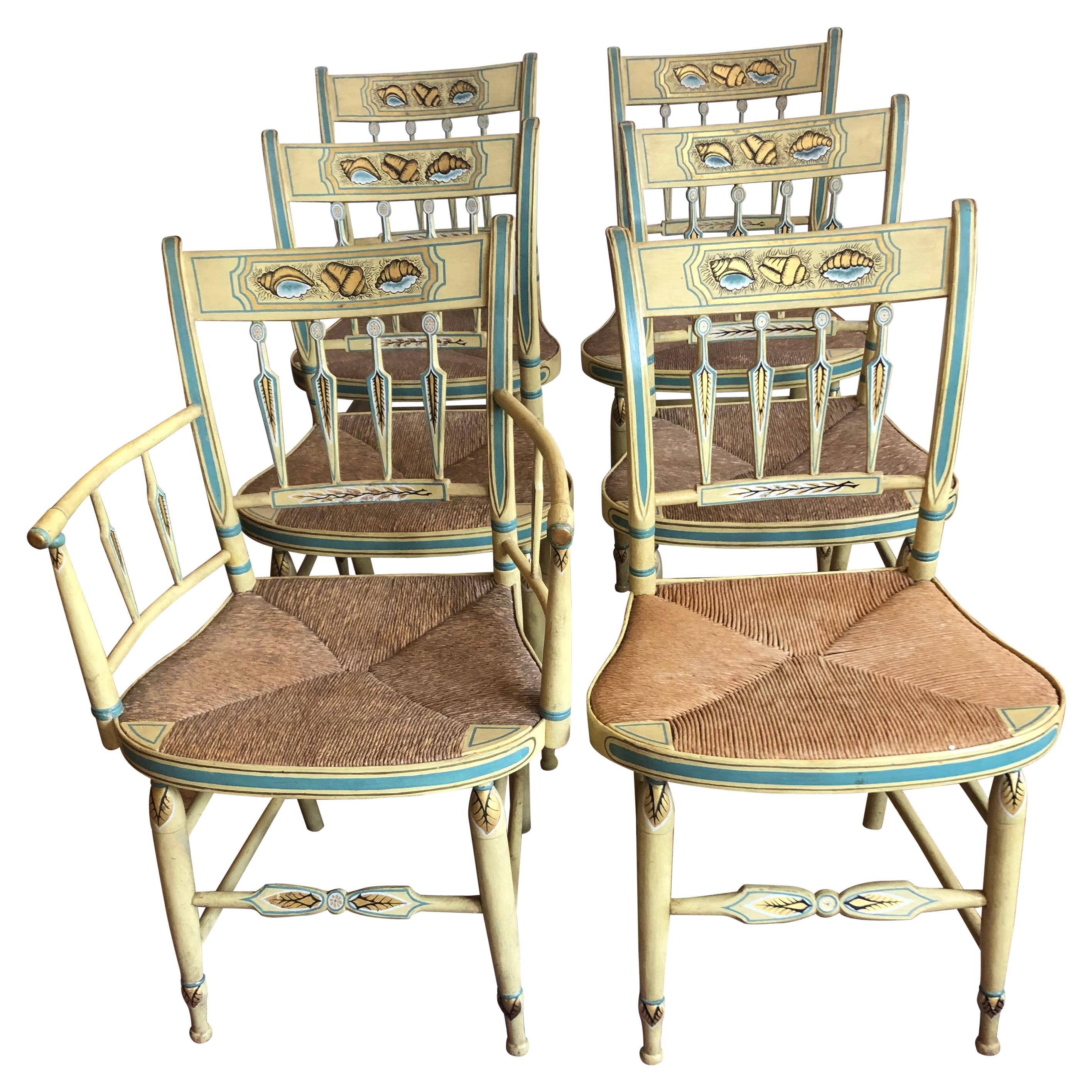 Incredibly Charming Set of 6 Hand Painted Shell Motife Hitchcock Dining Chairs