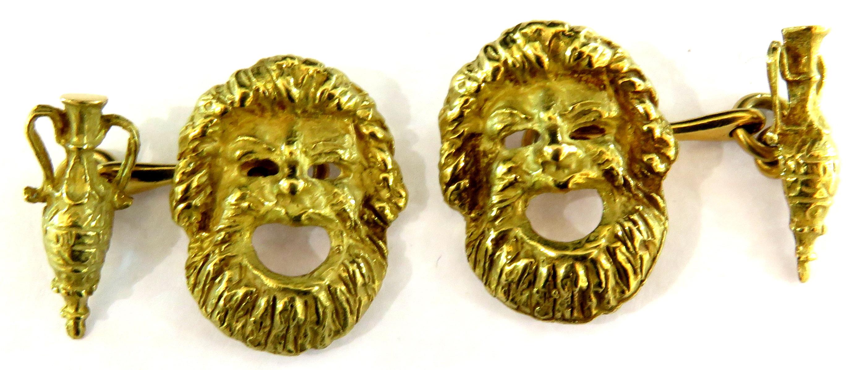 This rare pair of cufflinks are just the thing to wear to your next wine tasting or other chic event. They are double sided with urns on 1 side and Bacchus on the other. These cufflinks are set in 18k gold. These cufflinks do have a makers mark, but