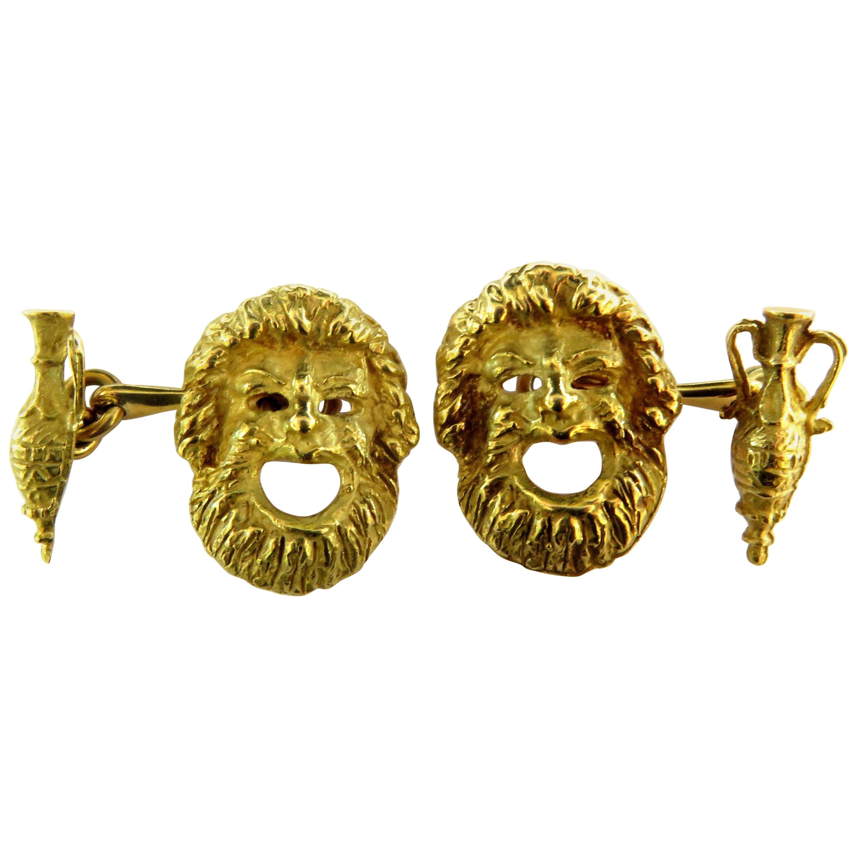 Incredibly Detailed Bacchus with Urn Double Sided 18 Karat Gold Cufflinks For Sale