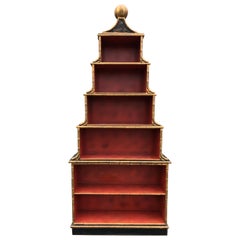 Incredibly Dramatic Tall Stickley Black & Coral Chinoiserie Bookcase