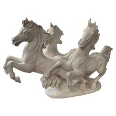 Incredibly Dramatic Large Glazed Terracotta Sculpture of Galloping Horses